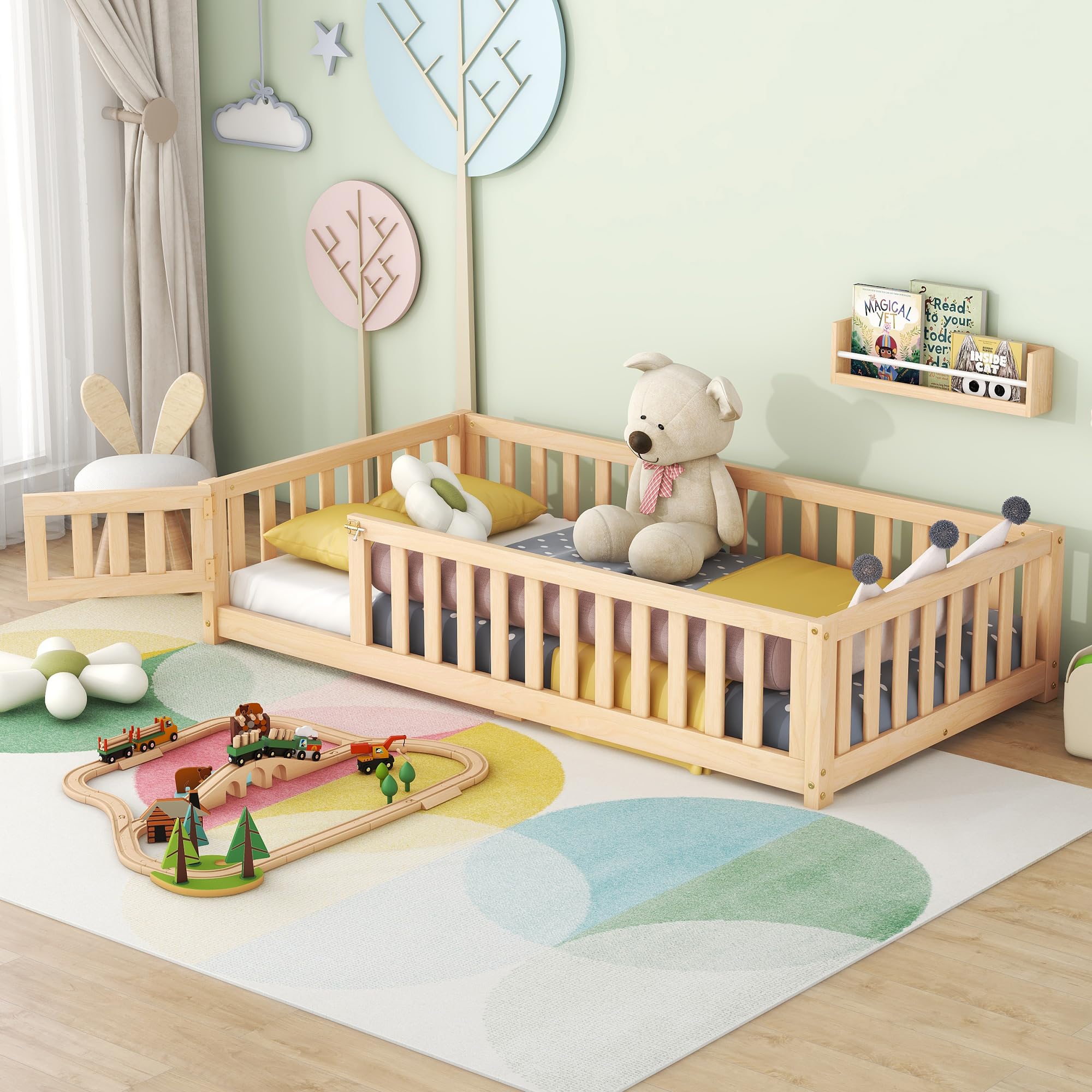 Montessori Twin Size Floor Bed for Kids - Wooden Slatted Bed Frame with Safety Fence & Door - Playhouse Design for Girls, Boys, Teens - Natural Wood Finish | Perfect for Montessori Bedrooms, Playrooms & Safe Toddler Sleeping Spaces