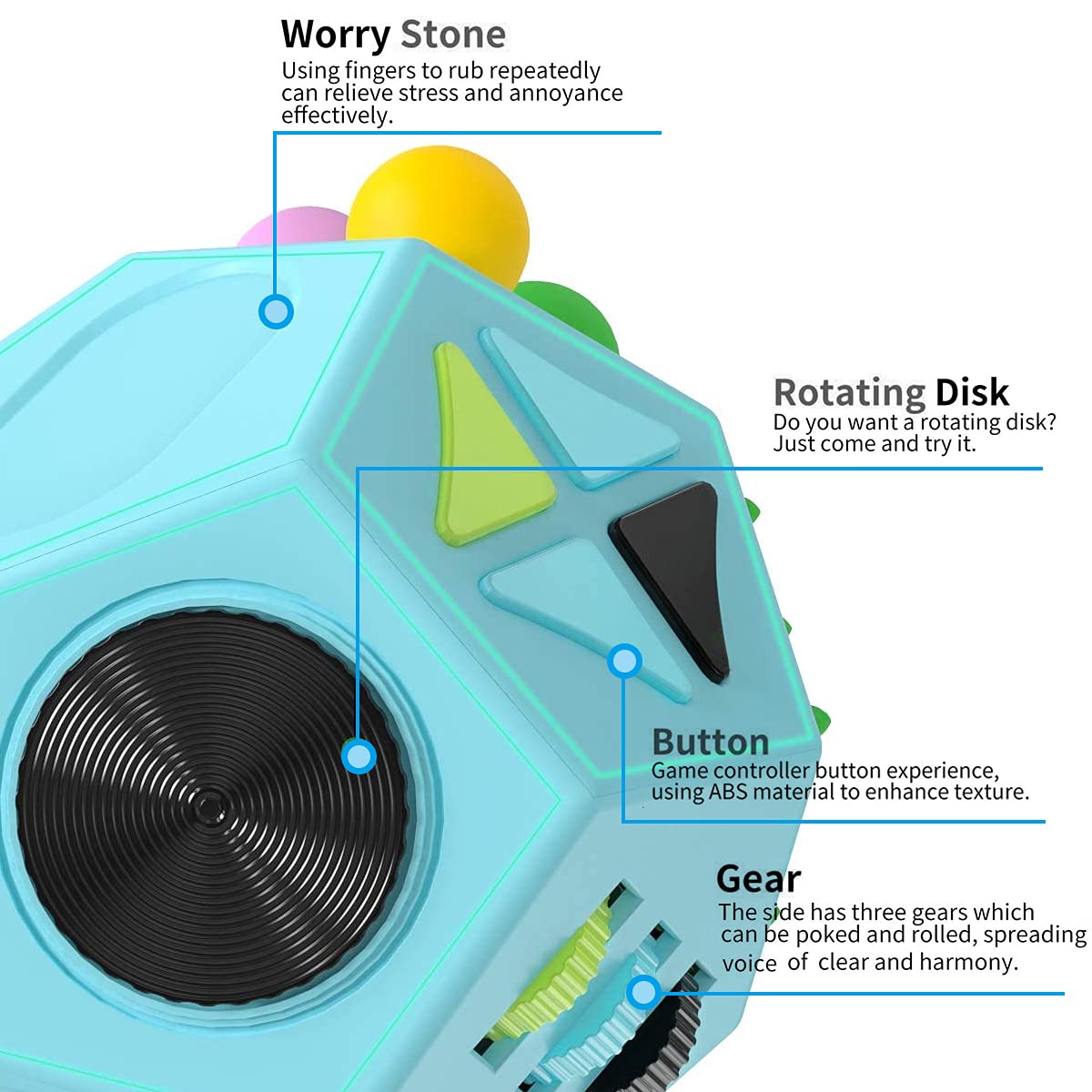 PAPOLGO 12-Side Fidget Cube Toy for Stress Relief & Anxiety - ADHD, Autism Sensory Toys for Kids & Adults - Focus & Boredom Buster - Perfect for Office, School, Travel (Blue / B3)
