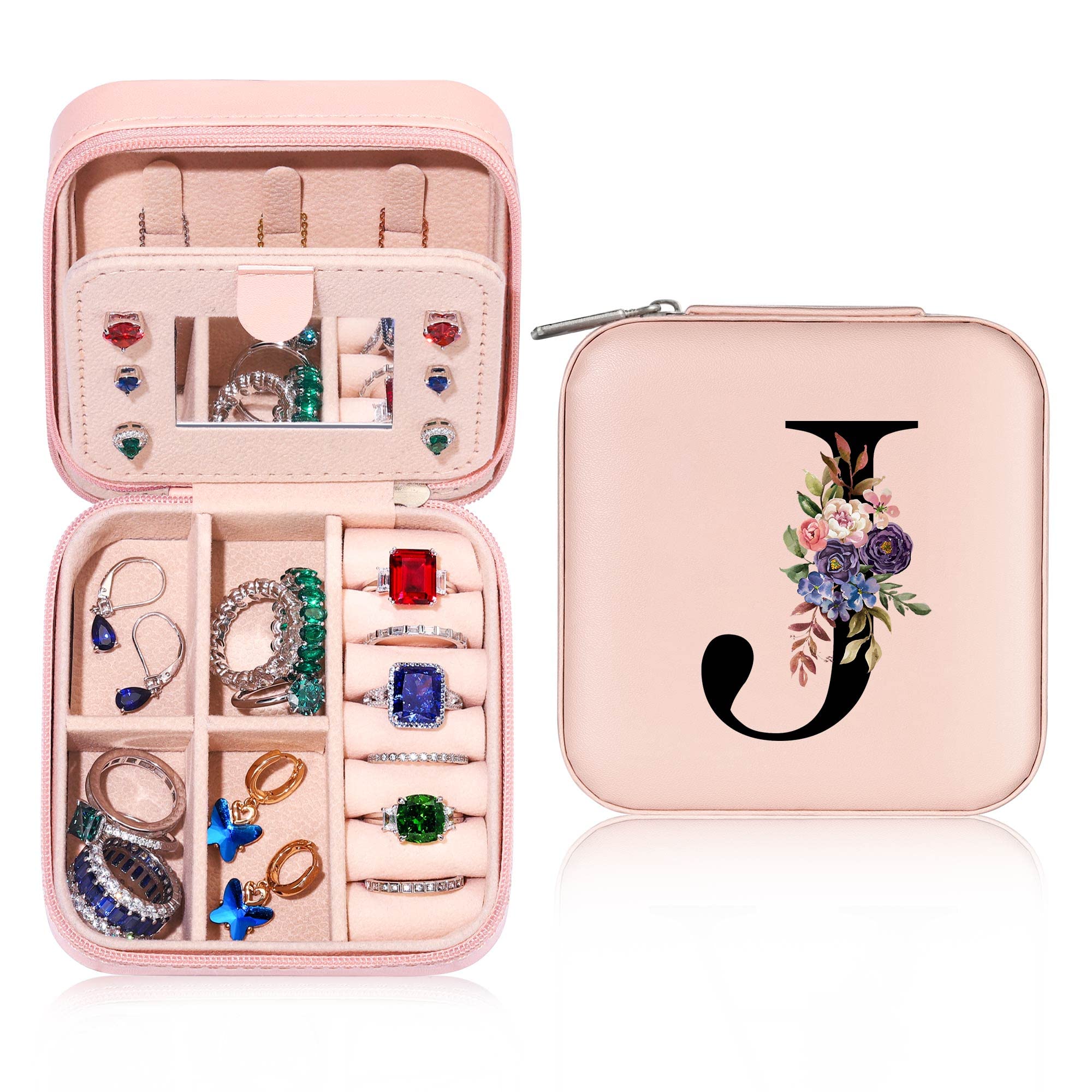 **Personalized Pink Jewelry Organizer Box for Women & Girls - Travel Jewelry Case for Necklaces, Earrings, Rings | Perfect Gift for Birthdays, Travel & Storage | Letter J Monogram Design**