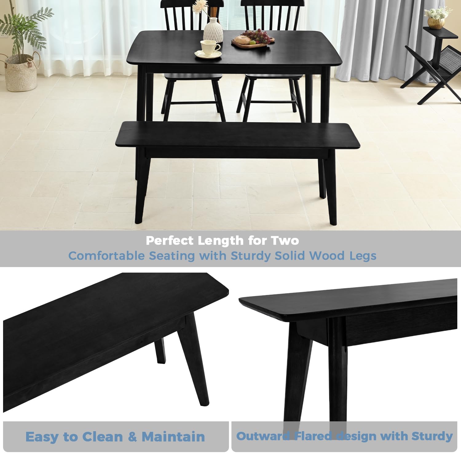 DELAVIN 47 Inch Oak Wood Dining Bench - Modern Black Kitchen Bench, Bedroom Bench, Living Room Bench - Sturdy Wooden Seating for Dining Table, Entryway, or Home Decor