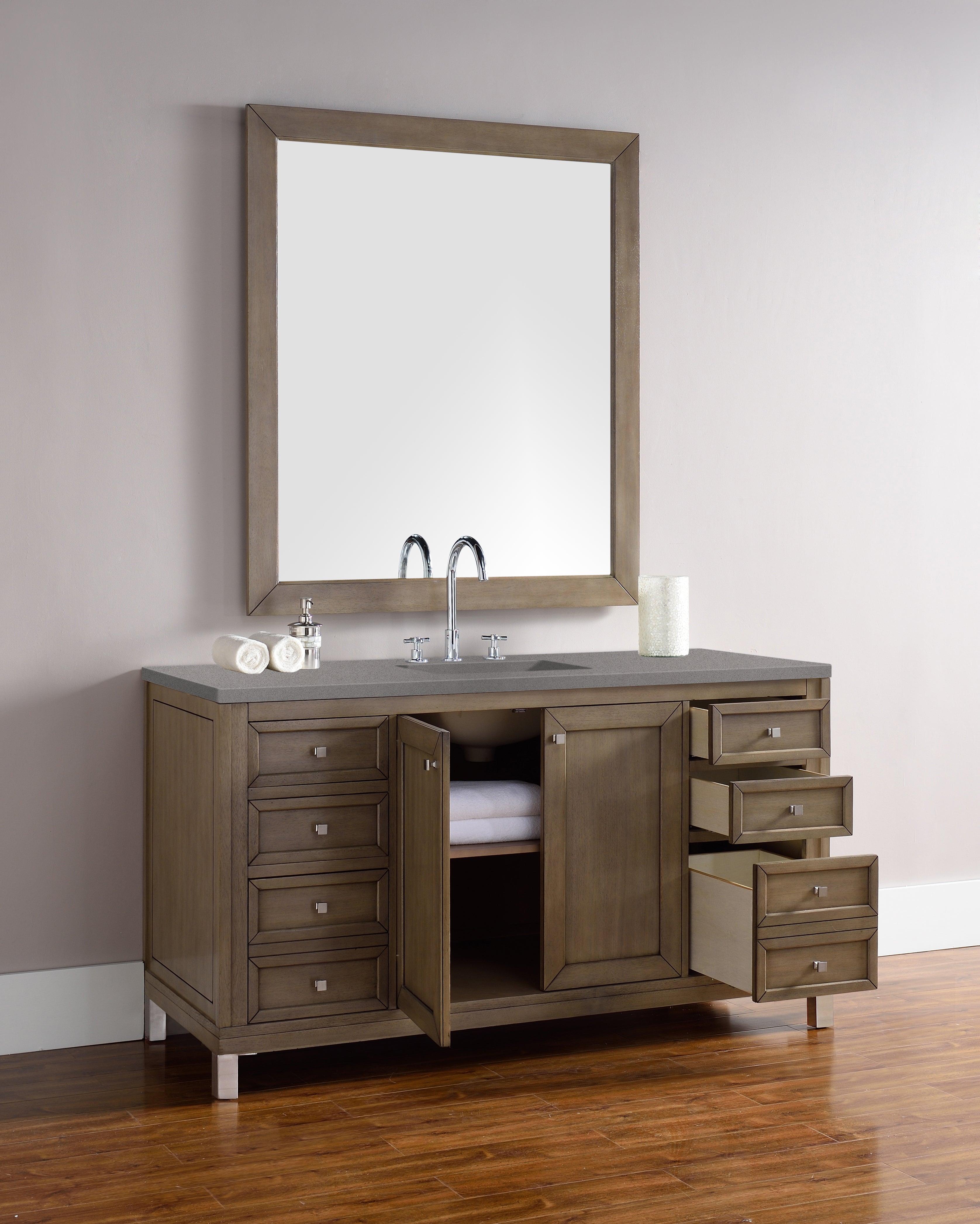 Chicago 60 Inch Single Bathroom Vanity Set - Whitewashed Walnut with 3CM Gray Expo Quartz Countertop | Modern Bathroom Storage Solution for Small Spaces & Powder Rooms