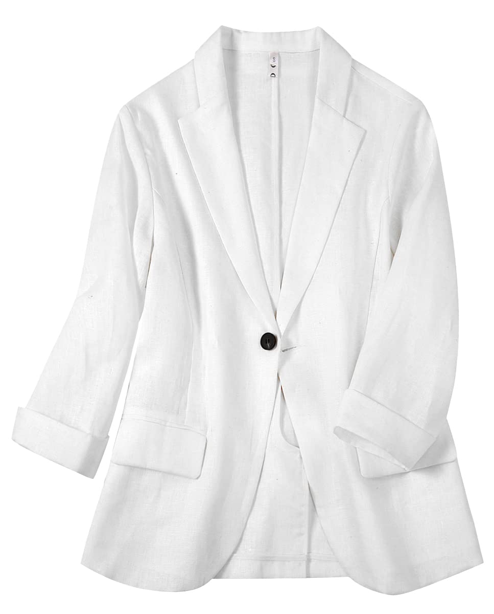 Women's Casual 3/4 Sleeve Cotton Linen Blazer - Lightweight Open Front Linen Jacket for Office, Travel & Summer Outfits
