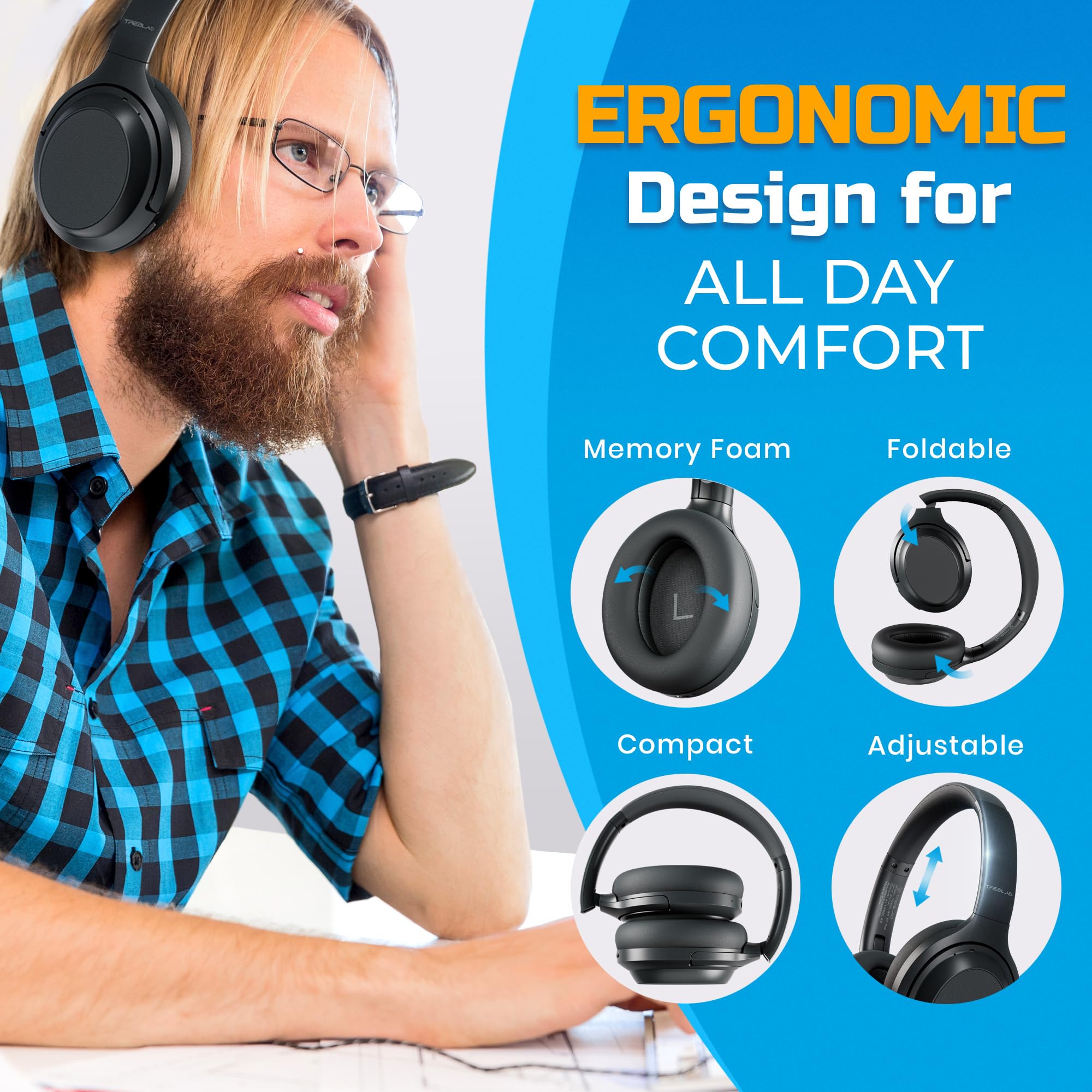 TREBLAB Z7 Pro Wireless Bluetooth Headphones with Active Noise Cancelling (ANC), aptX-HD Audio, 45H Battery, Fast Charging & Mic - Foldable Over-Ear Design with Memory Foam Ear Cups for Workouts, Travel & Office Use
