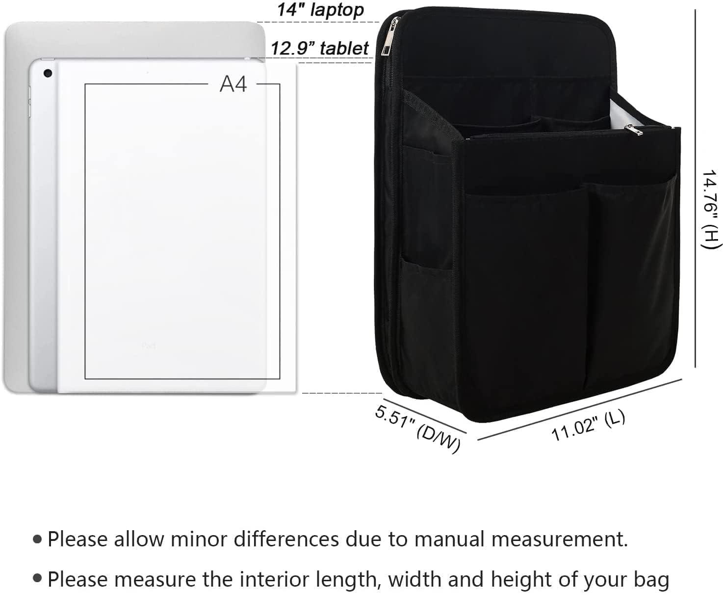 Yoillione Nylon Backpack Organizer Insert for Men & Women - Lightweight Travel Rucksack Insert with High Capacity & Zipper Pockets - Perfect for Hiking, Camping, Business Trips & Daily Commute