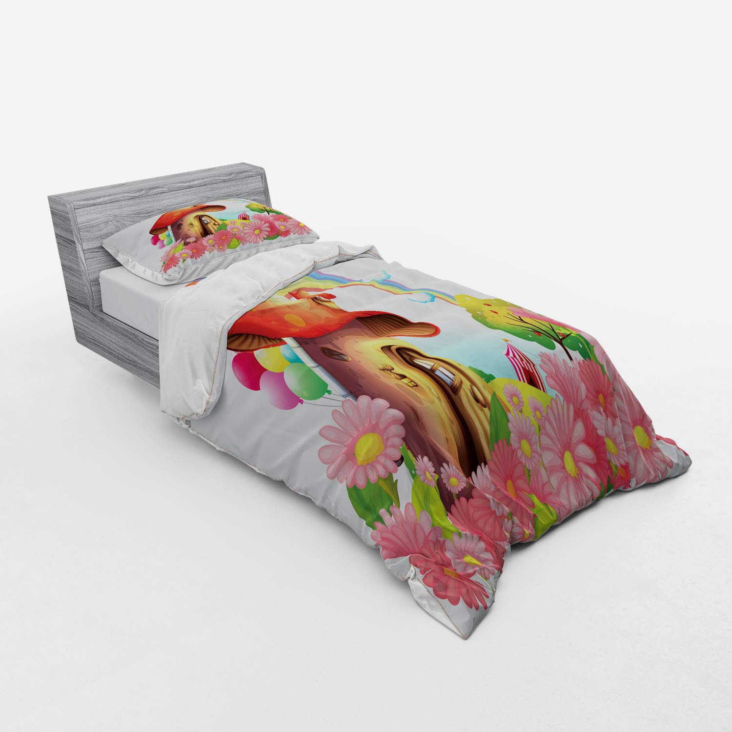 Ambesonne Mushroom Duvet Cover Set - Whimsical Little Shroom House in Flower Garden with Rainbow Fruit Trees, Circus Tent & Balloons - 3 Piece Twin Size Bedding Set with Sham & Fitted Sheet - Perfect for Kids Rooms, Nursery Decor & Fantasy Themed Bedrooms