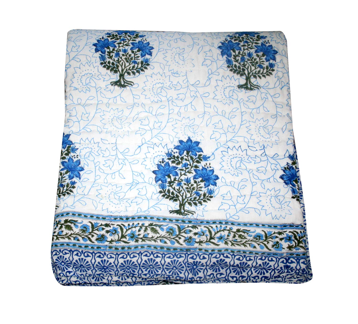 Hand Block Printed Organic Cotton Dohar - King/Twin Size Indian Quilt with Floral Tree Design | California King 108x108 Inches | Soft & Breathable for All-Season Comfort | Perfect for Bedroom, Guest Room, or Travel Use