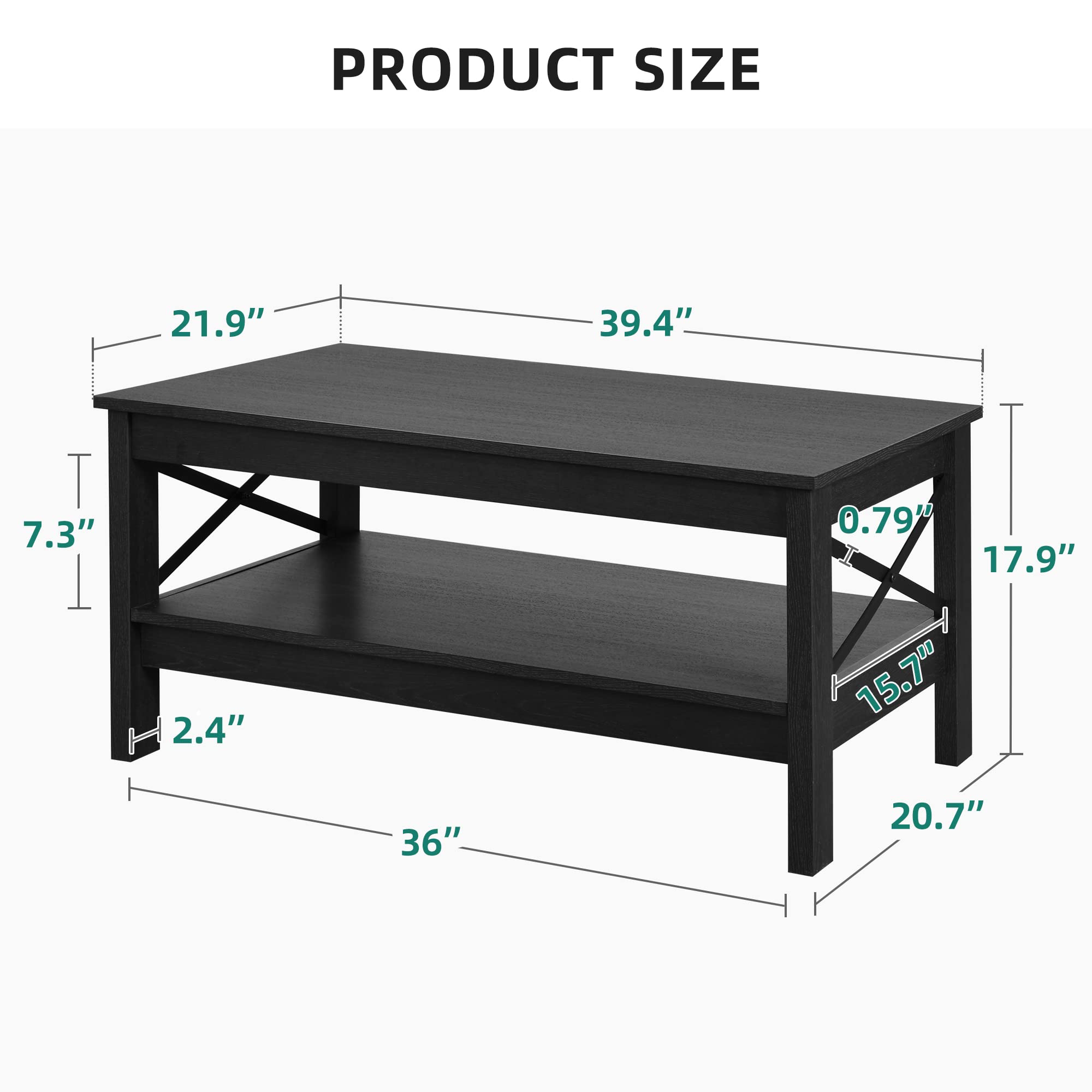 Modern Farmhouse Coffee Table with Storage - 2-Tier Wooden Center Table for Living Room, Sturdy Black Cocktail Accent Table | Perfect for Small Spaces, Home Decor & Entertaining Guests
