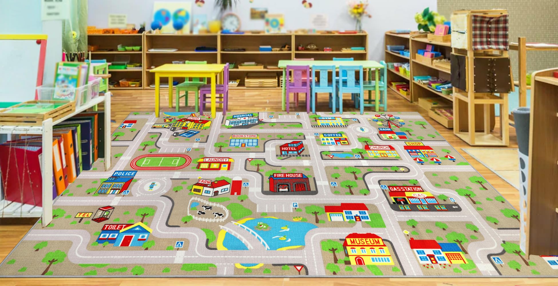 Non-Slip Washable Kids Play Mat - 6.6'x9.8' Tan City Map Road Rug for Toddlers | Playroom, Classroom & Nursery Decor | Perfect for Playtime, Learning & Car Racing Games
