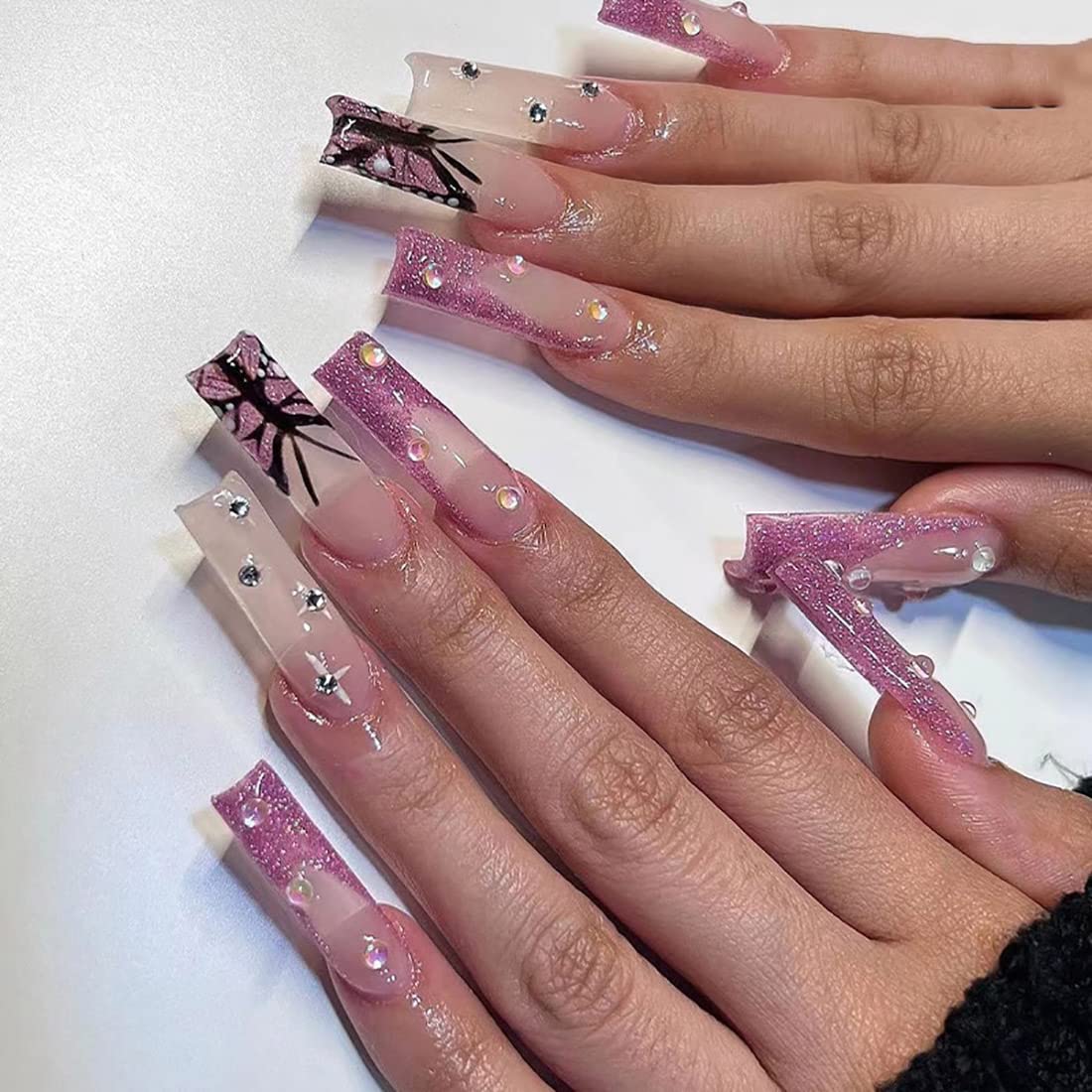 24pcs Long Coffin Ballet Fake Nails with Rhinestone Butterfly Design - French False Nails for Women & Girls - Perfect for Parties, Weddings & Special Occasions