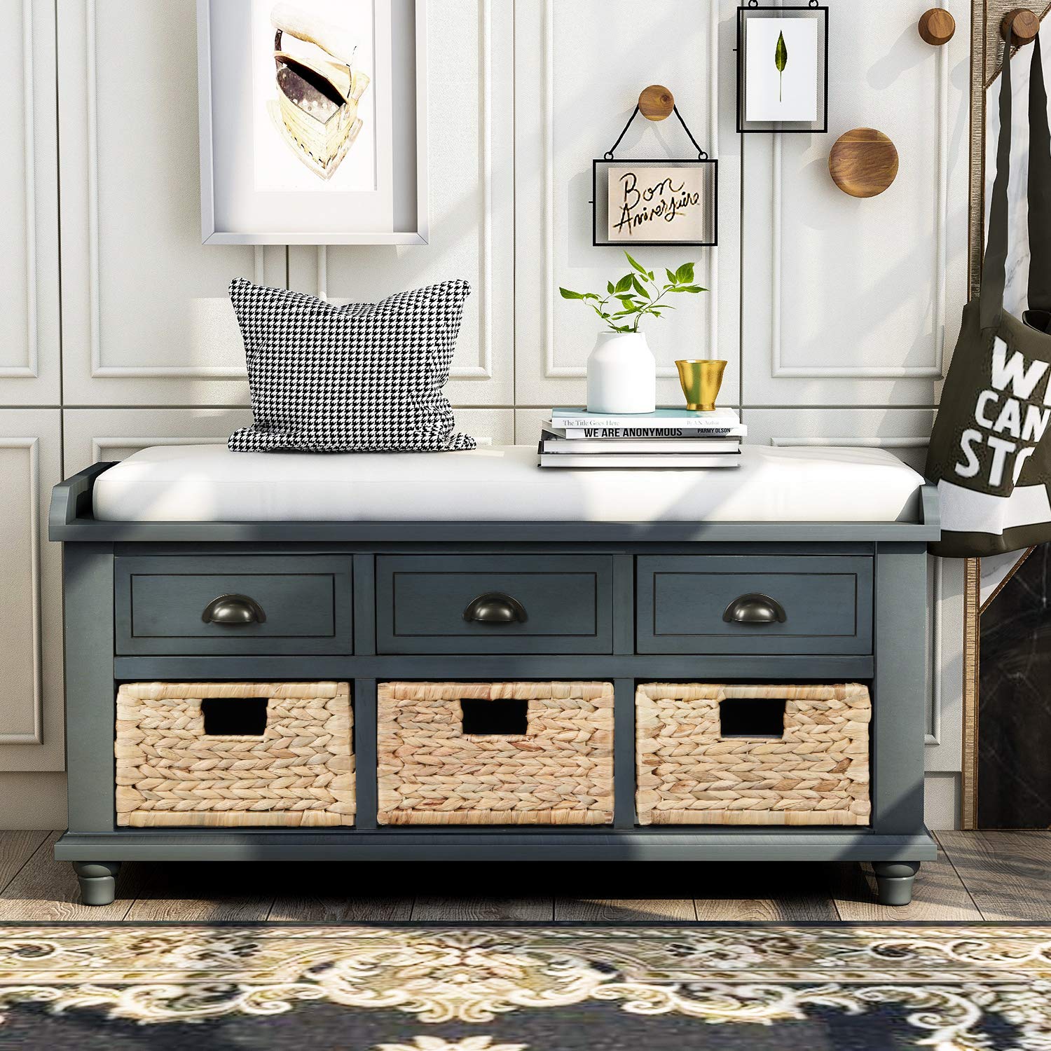 Rustic Entryway Storage Bench with Drawers & Baskets - for Shoes & Living Room Storage