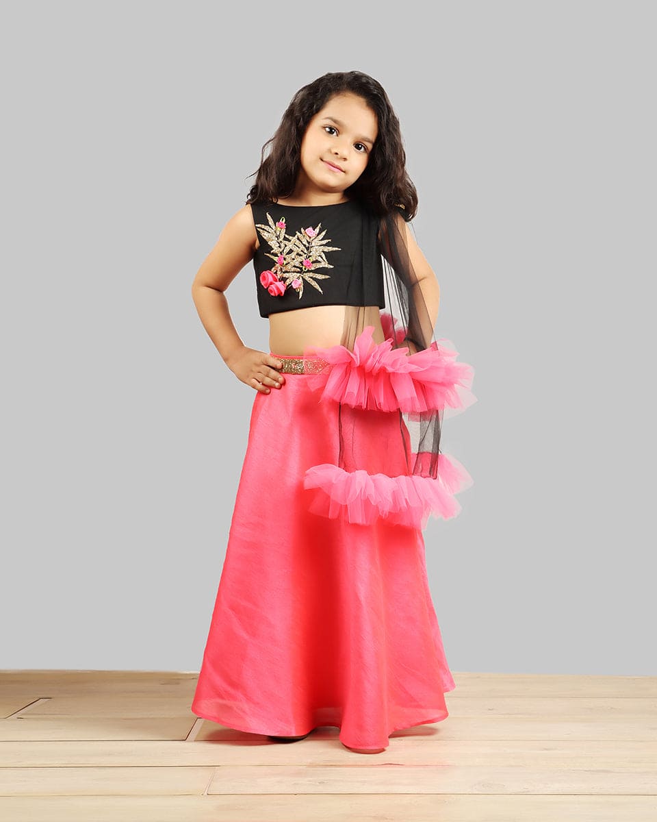 Pre Order: Elegant Black & Pink Ghagra Choli with Frill Dupatta - Perfect for Indian Weddings, Festivals & Cultural Events