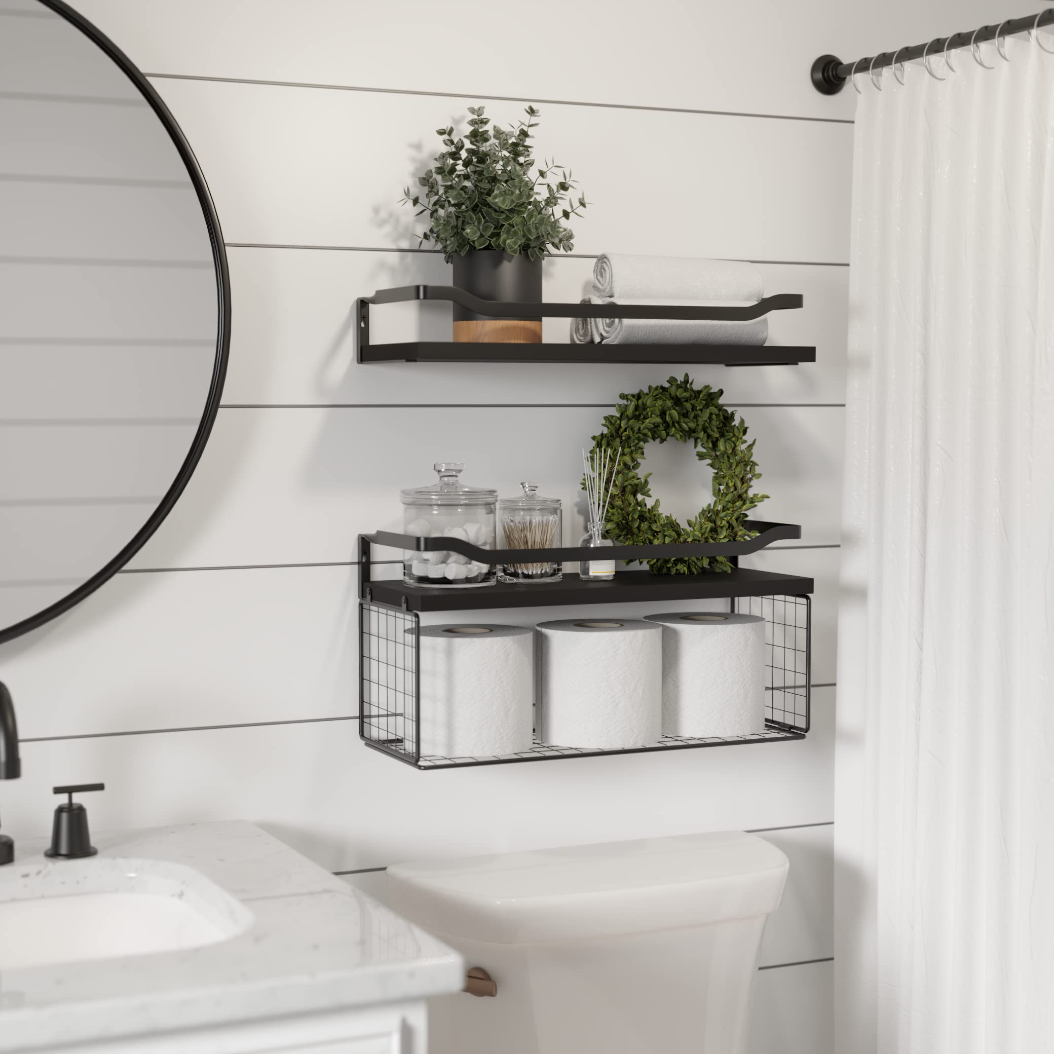 WOPITUES Floating Shelves with Wire Storage Basket - Over Toilet Bathroom Shelves with Metal Guardrail - Wood Wall Shelves for Bathroom, Bedroom & Living Room - Toilet Paper Holder - Black (Perfect for Small Space Organization & Stylish Home Decor)