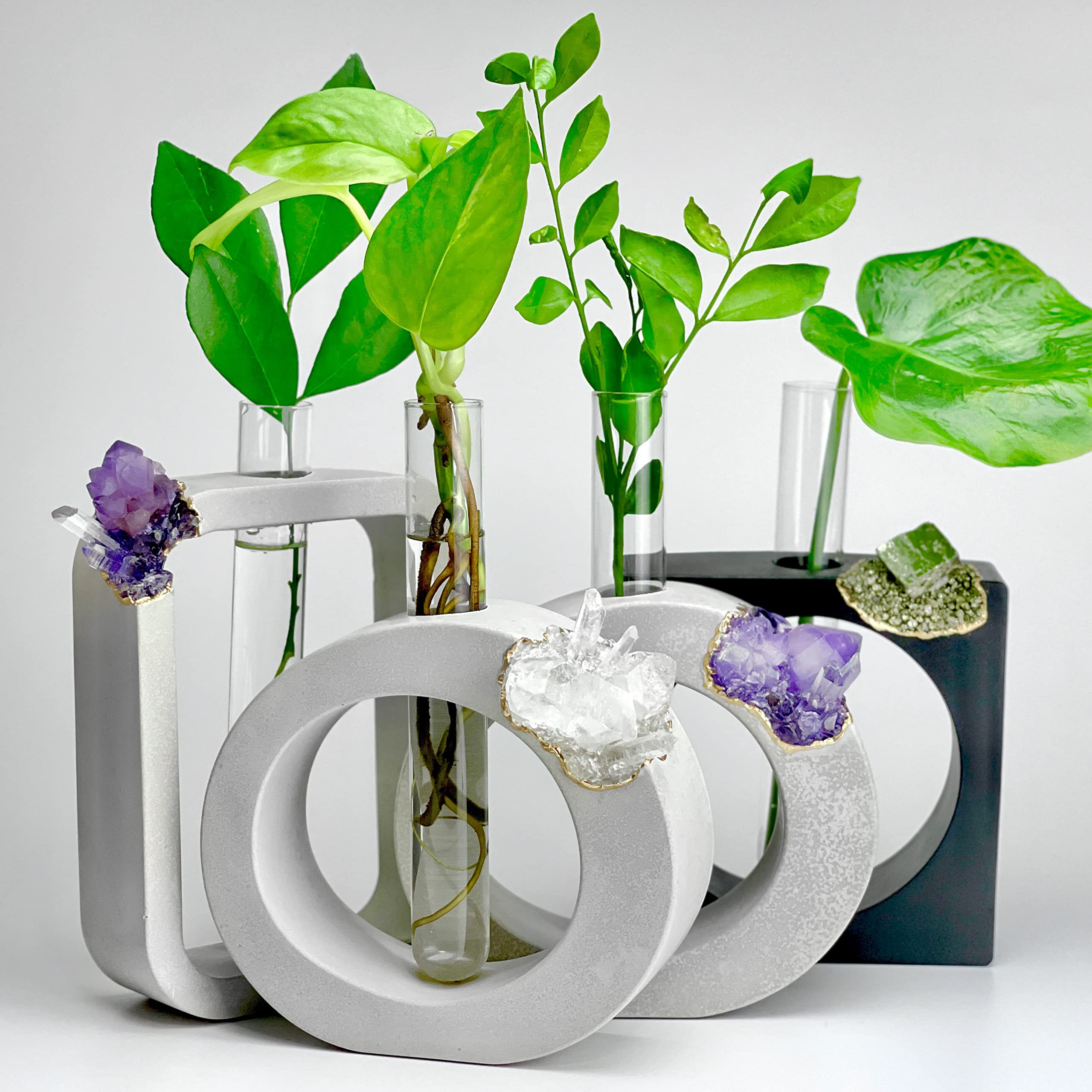 Amethyst Geode Planter - Glass Test Tube Plant Propagation Station for Hydroponics, Terrarium & Home Decor | Boho Office Gift, Crystal Stand & Flower Vase | Perfect for Indoor Gardening, Desk Decor & Zen Spaces