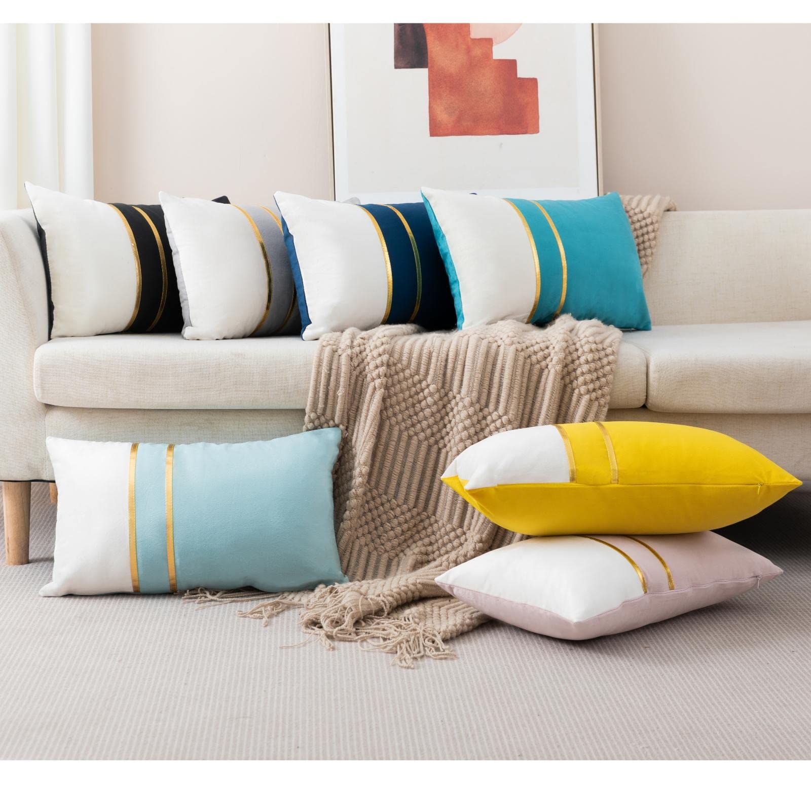 ZLINA Set of 2 Velvet Decorative Throw Pillow Covers - Yellow & White Patchwork with Gold Leather Trim - 20×20 Inch Square Cushion Covers for Sofa, Bed, Living Room, Bedroom & Car Decor