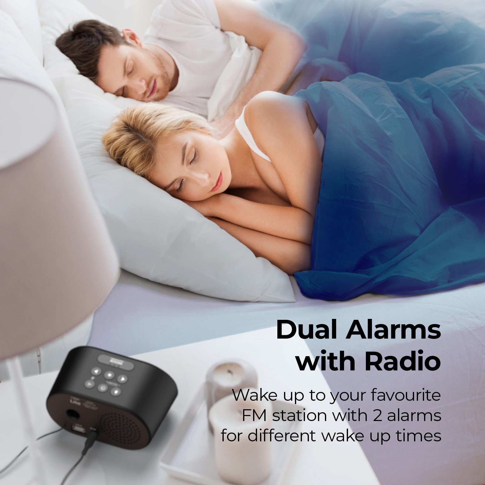 i-Box Alarm Clock with FM Radio, USB Charging Port & Dimmable LED Display - Battery or Mains Powered, Silent Non-Ticking Design - Perfect Bedside Clock for Home, Office, Travel & Gift Giving (Black)