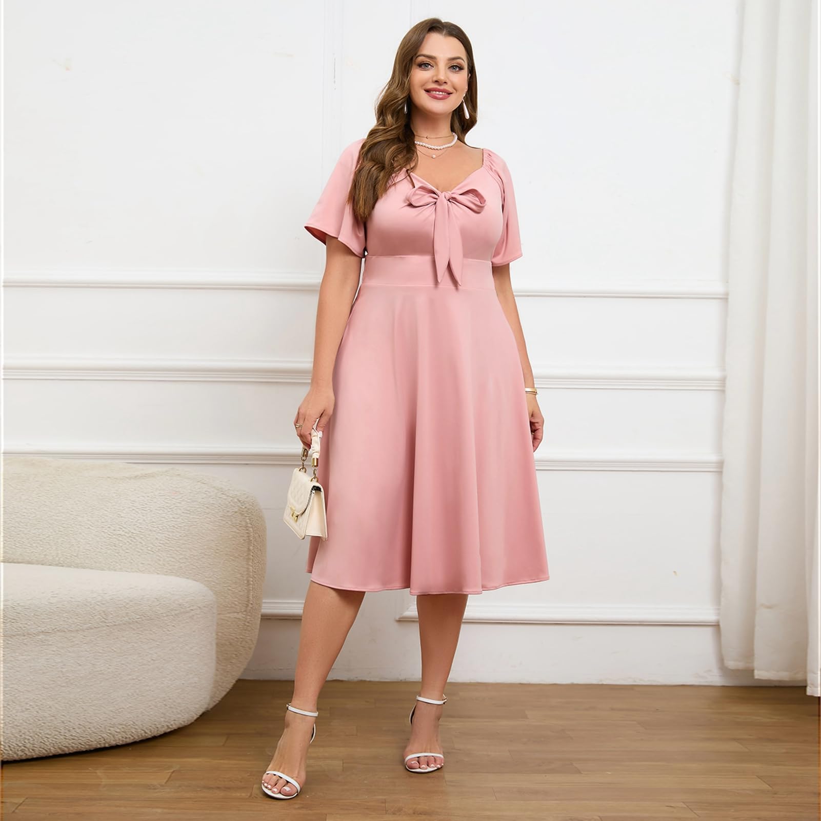 Plus Size Women's Cocktail Dress with Tie Front & Adjustable Straps - Satin Midi Formal Dress for Prom, Wedding Guest & Party Occasions - Perfect for Evening Events, Date Nights & Special Celebrations