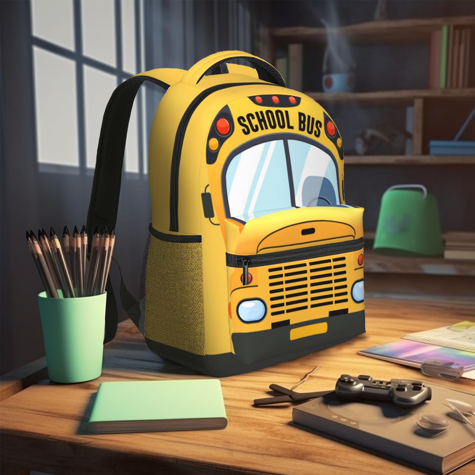 **Yellow Kids School Bus Backpack - Cartoon Pattern Bookbag for Boys & Girls - Durable Backpack for School, Travel & Daily Use**