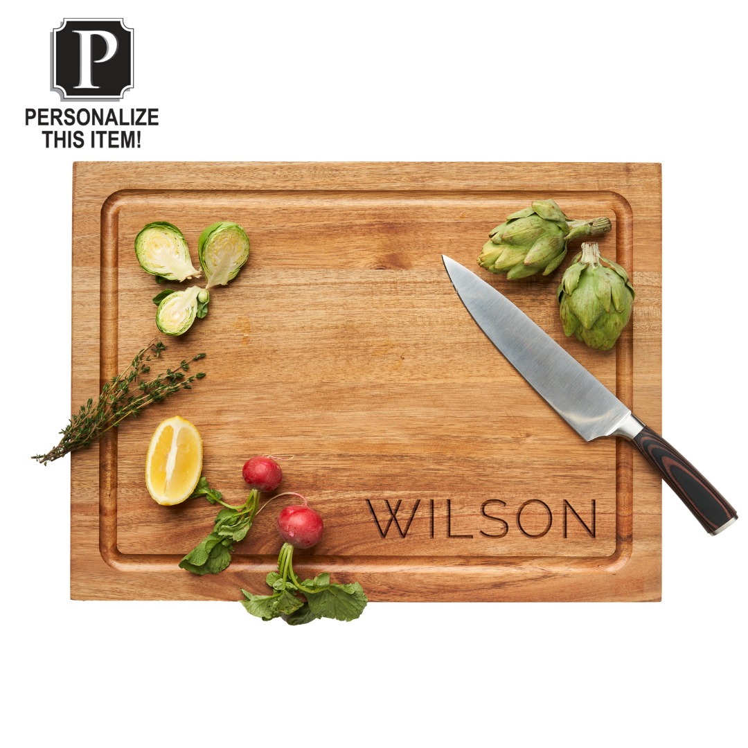Premium Carved Acacia Wood Chef Knife & Cutting Board Set - Personalized Engraving - 18