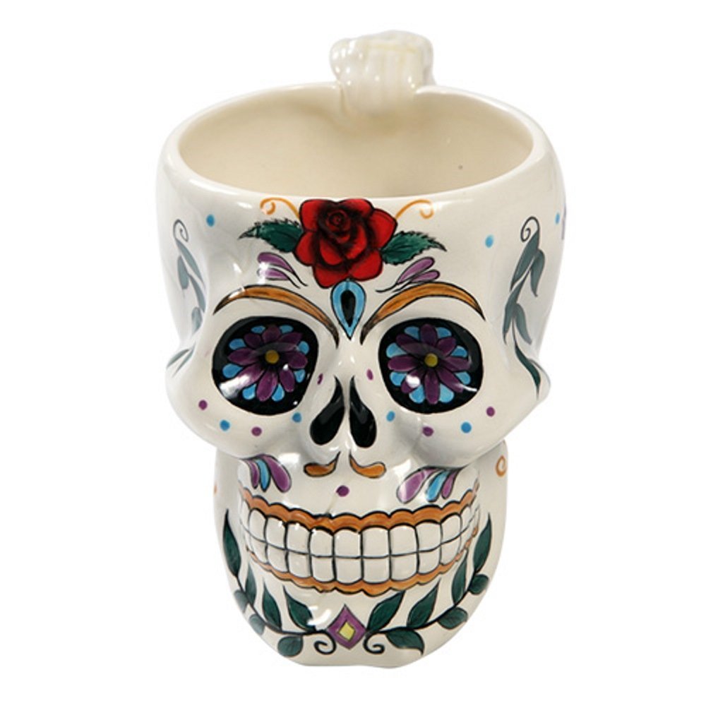 Day of the Dead Skull with Rose Ceramic Mug - Handmade Mexican Style Coffee Cup for Dia de los Muertos - Perfect for Halloween, Gift Giving & Home Decor