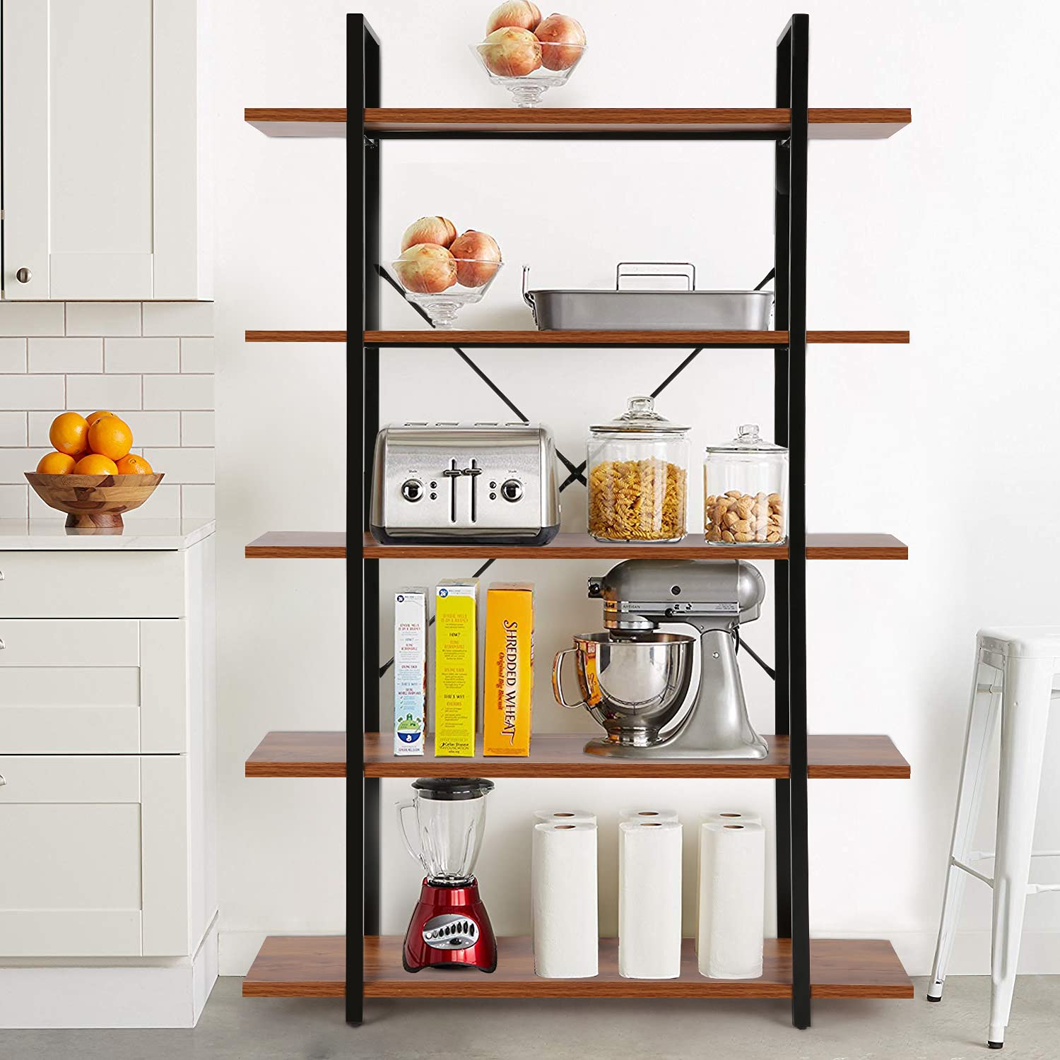 Himimi 5-Tier Open Vintage Industrial Bookshelf - Metal Frame Bookcase for Home & Office Organization - Perfect for Living Room, Bedroom, and Study Room Storage