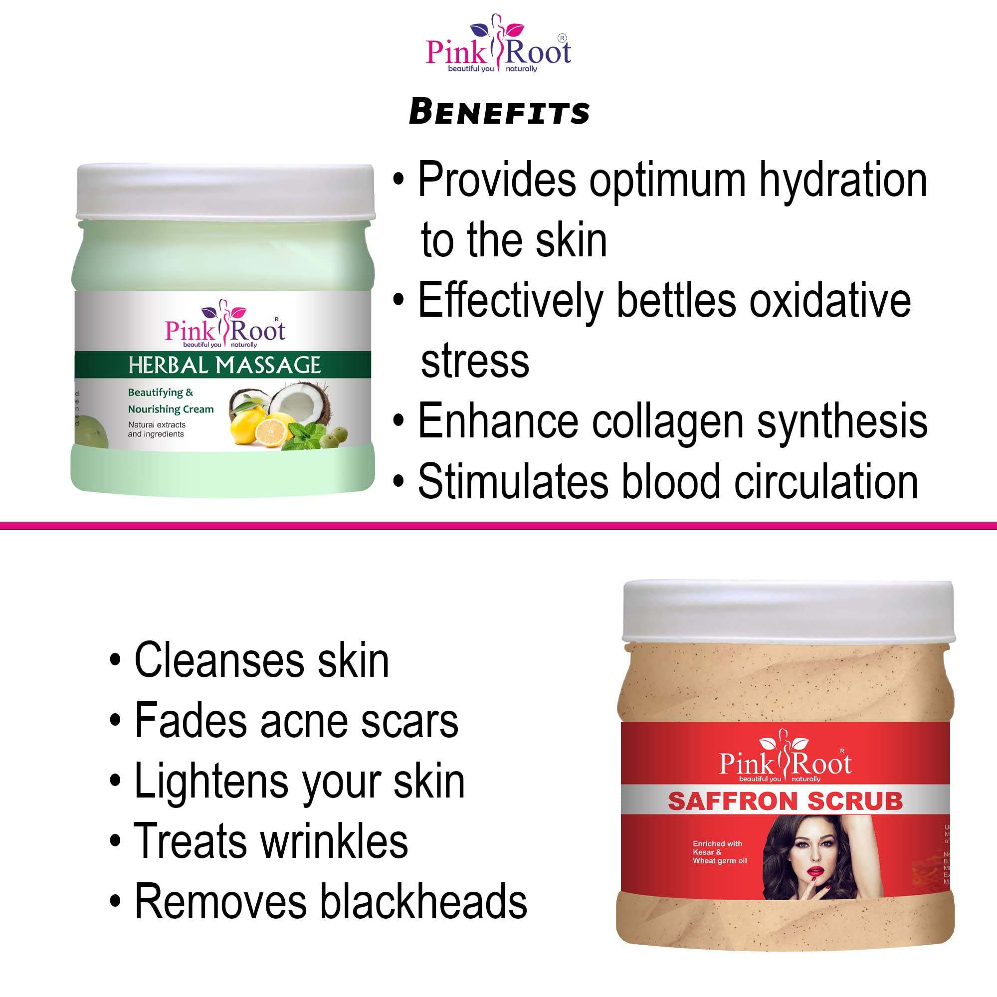Pink Root Herbal Massage Cream & Saffron Scrub Set - 500gm Each for Relaxation & Skin Exfoliation | Perfect for Spa Days & At-Home Self Care