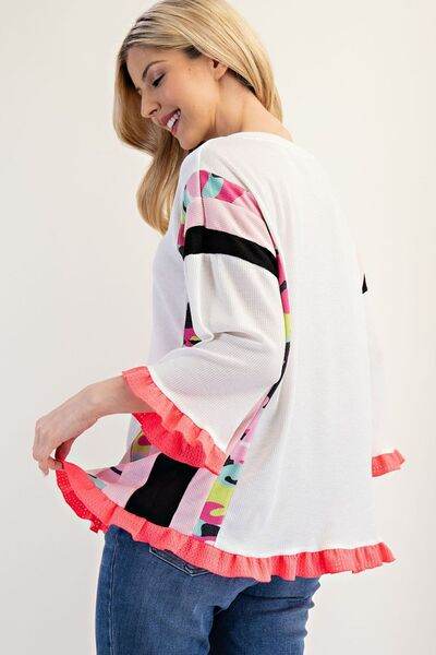 Celeste Plus Size Ruffle Sleeve Color Block Blouse - Women's Fashion Tops for Casual Wear, Office & Date Night Outfits