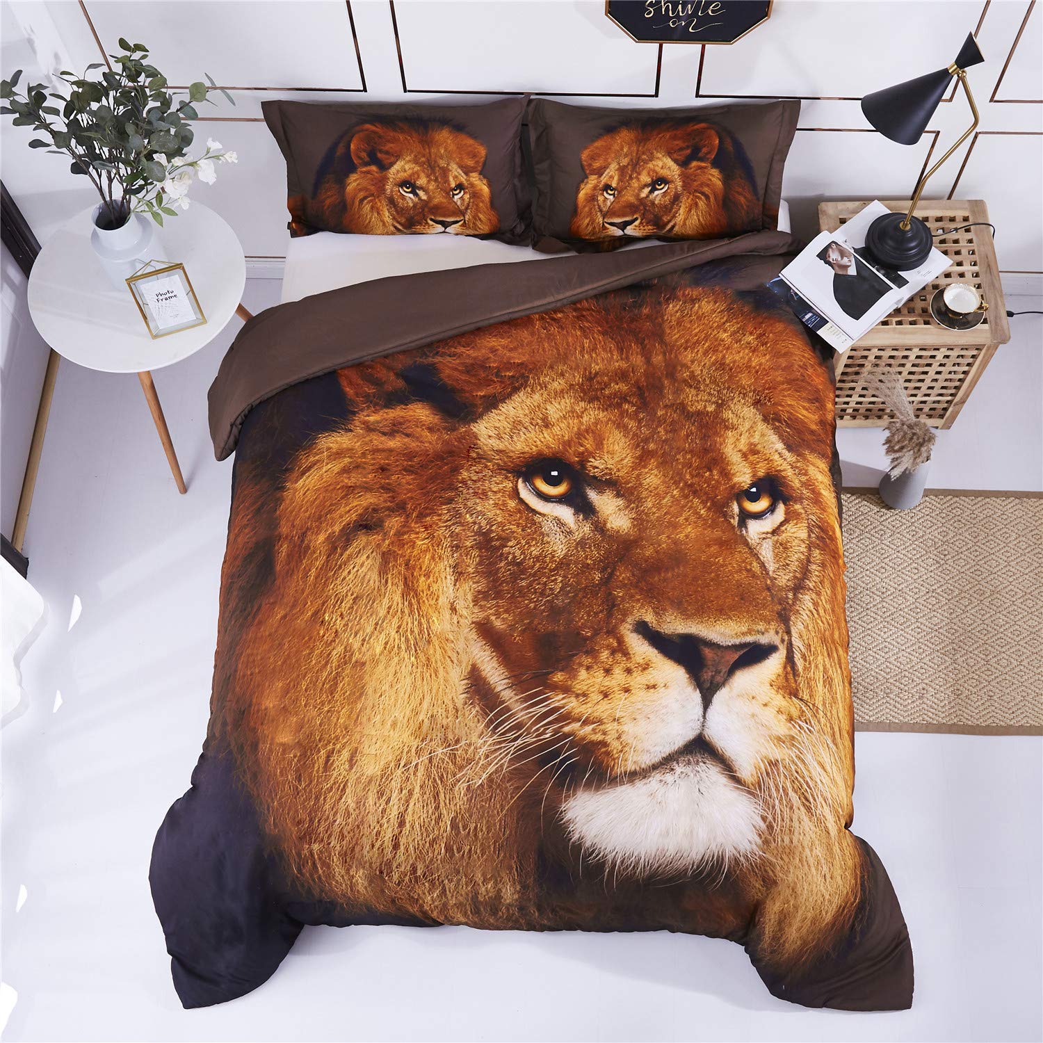 Premium 3D Lion Head Animal Print Duvet Cover Set - Queen Size 3-Piece Bedding with 2 Pillowcases | Ultra Soft Microfiber Comforter Cover for Kids, Teens & Adults | Jungle Theme Bedroom Decor for Boys & Girls