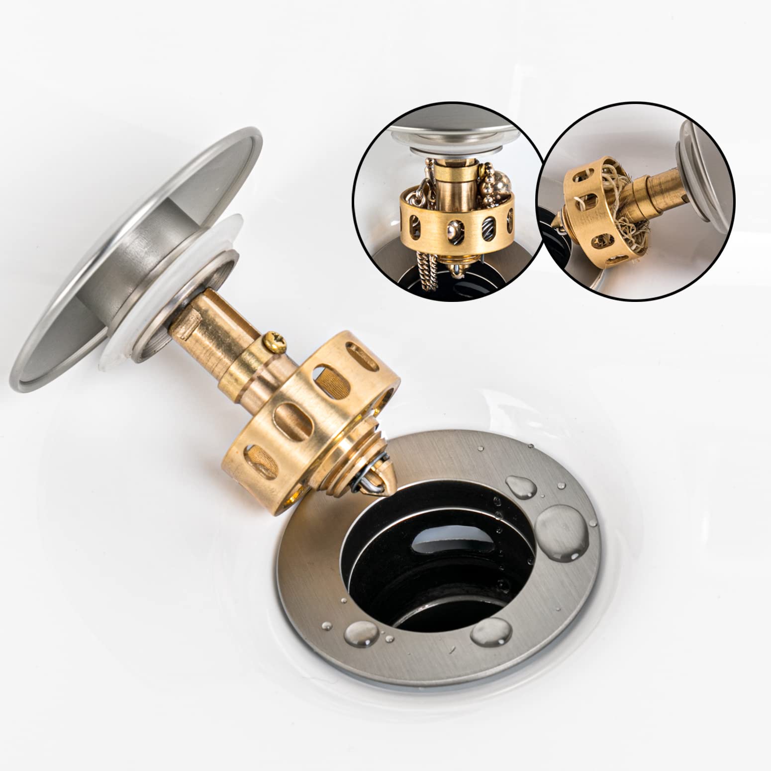 Brushed Nickel Bathroom Sink Drain Pop Up Stopper - Brass Strainer Basket, Anti-Clogging & Anti-Explosion Design for Bathroom Vanity or Utility Sink (No Overflow)