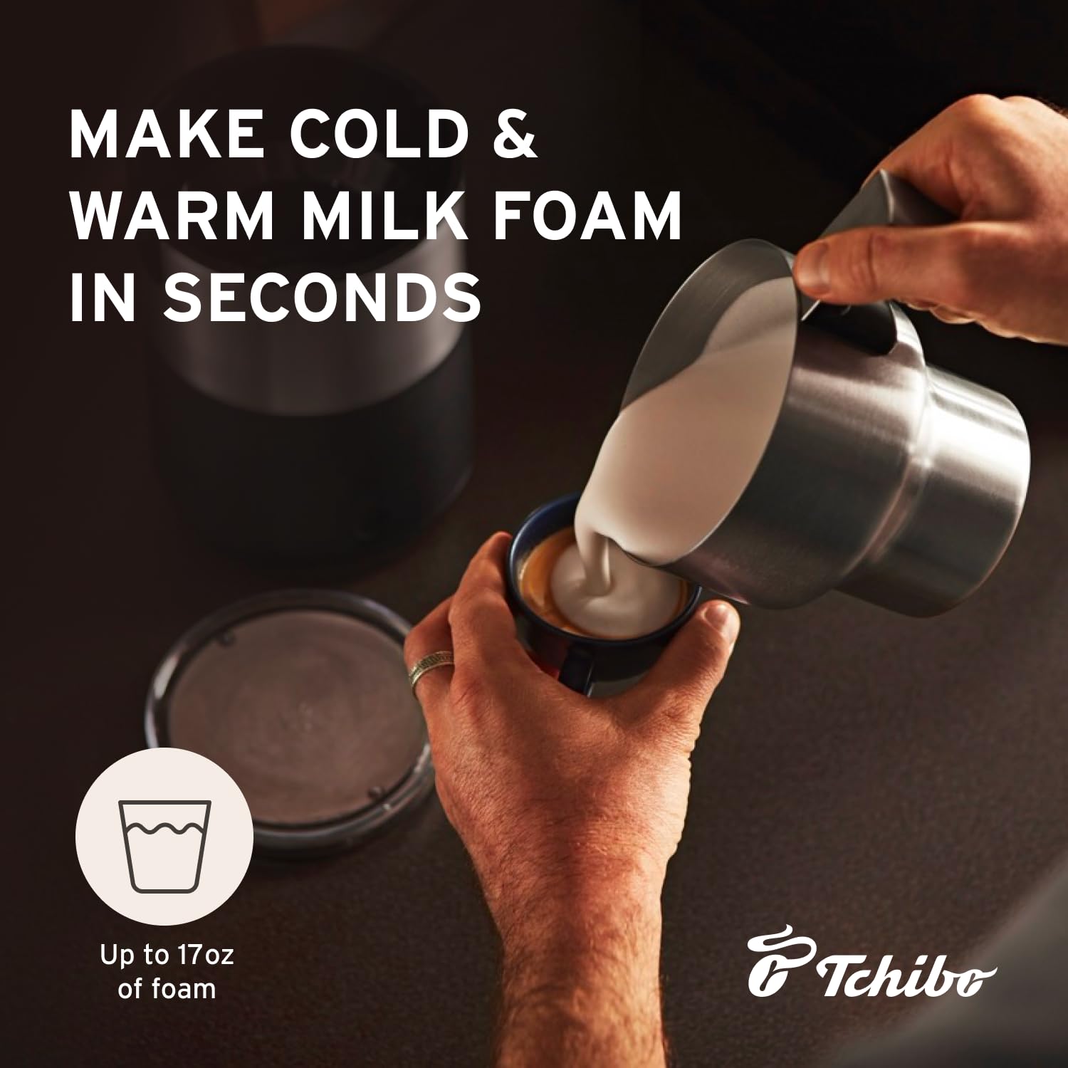 Tchibo Electric Milk Frother 16.9 oz for Coffee, Hot & Cold Milk - Touch Button, Auto Shut-Off, Dishwasher Safe - Perfect for Lattes, Cappuccinos & Hot Chocolate at Home or Office