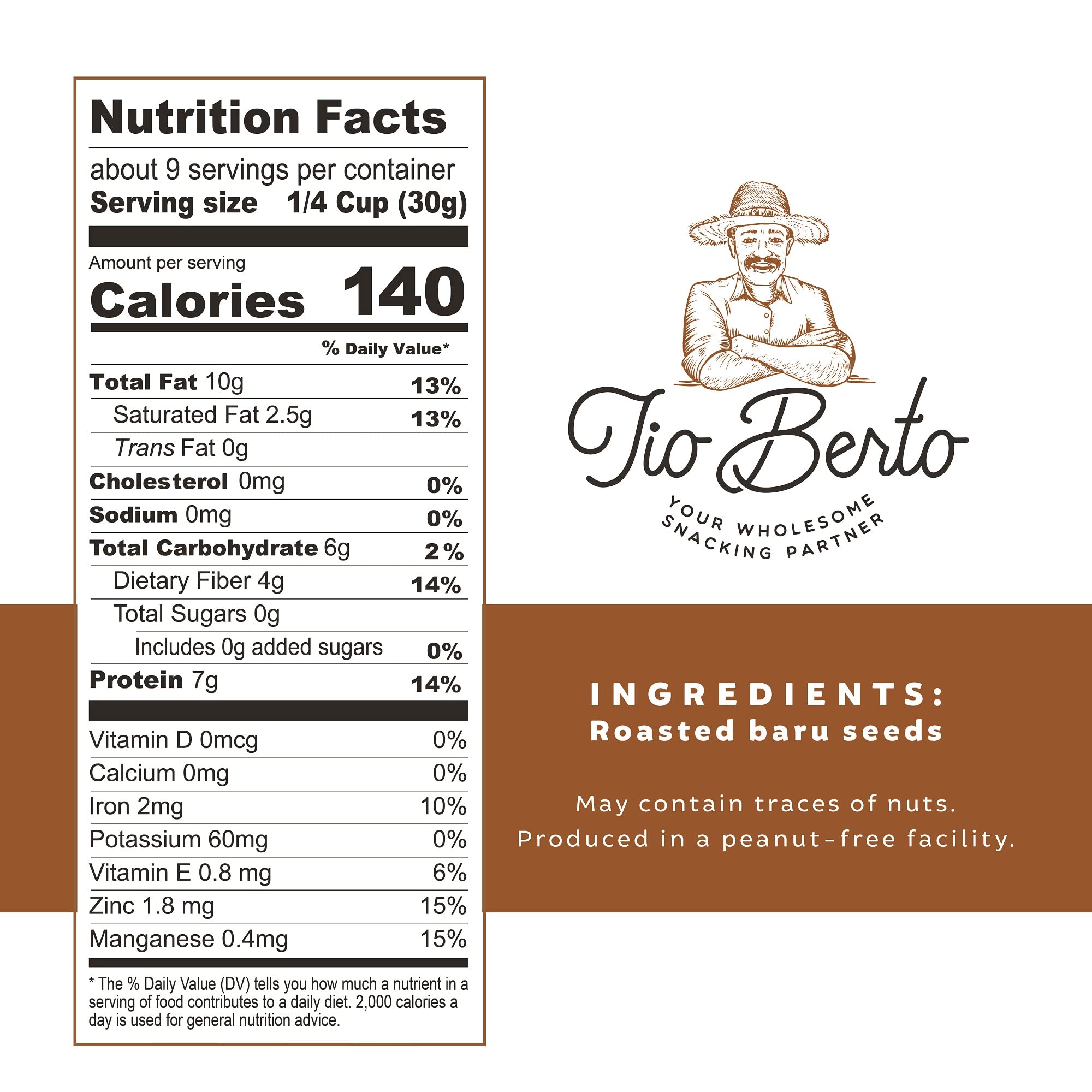 Organic Baru Nuts Roasted - 10oz Resealable Bag | Crunchy, Delicious & Healthy Superfood Snack | Vegan, Gluten-Free, Keto & Peanut-Free | High Protein Wild Nuts by Tio Berto | Perfect for Trail Mix, Salads & Healthy On-the-Go Snacking