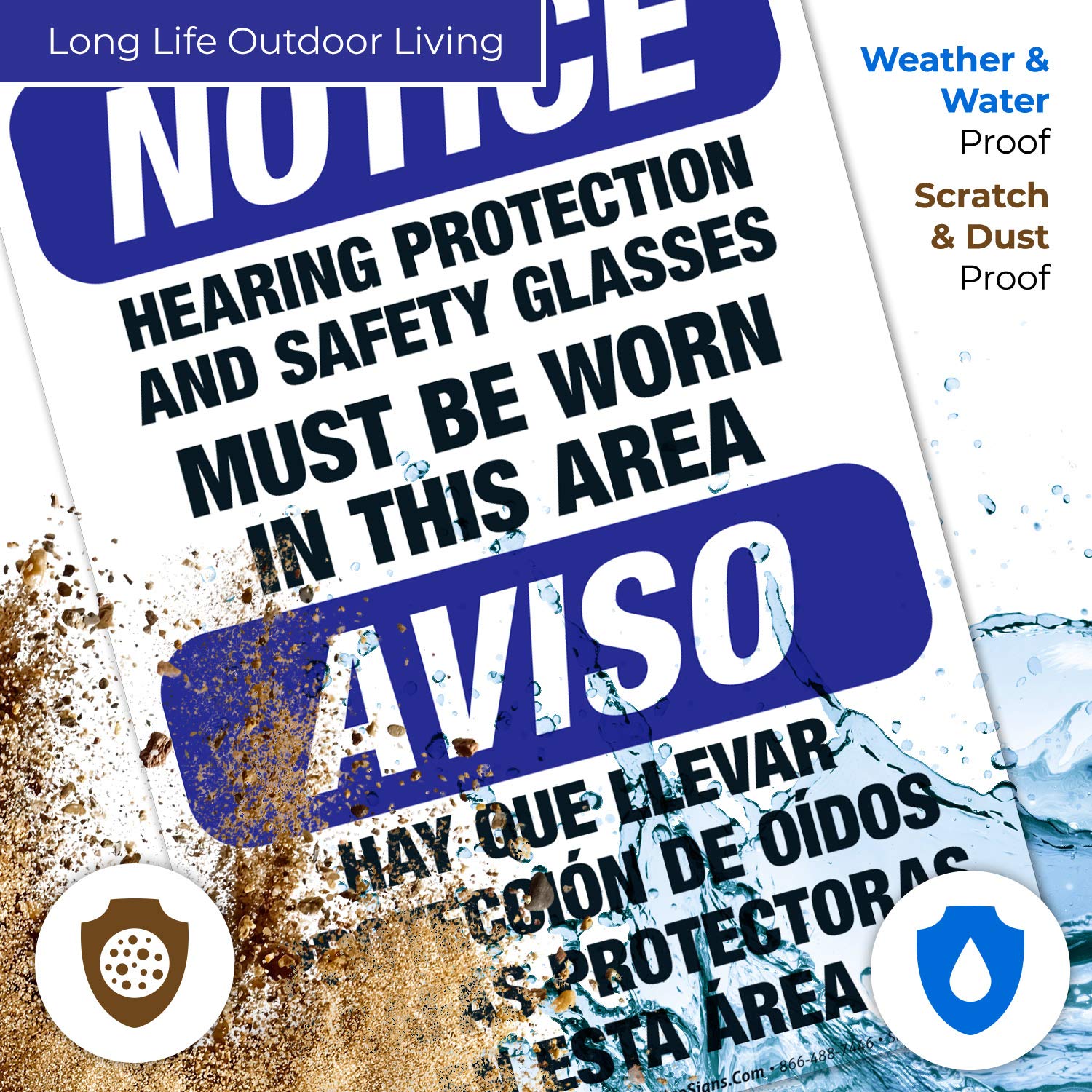 OSHA Compliant Bilingual Safety Sign - Hearing Protection & Safety Glasses Required in This Area | 10x7 Inch Durable 4 Mil Vinyl Decal | Weatherproof & UV Resistant | Made in USA | Ideal for Construction Sites, Factories & Work Zones