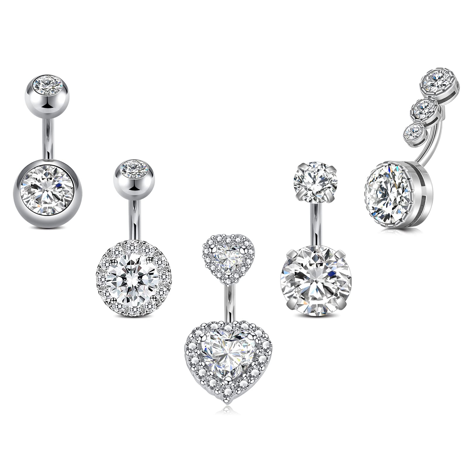 Incaton 14G Stainless Steel Belly Button Rings - Round & Heart Shape Navel Piercing Jewelry with Clear CZ for Women | Perfect for Everyday Wear, Parties & Beach Outfits