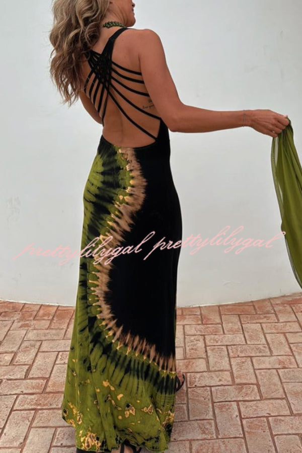 Stylish Summer Tie-Dye Print Back Lace-Up Stretch Maxi Dress for Women - Perfect for Beach Vacations, Music Festivals & Boho Chic Outfits