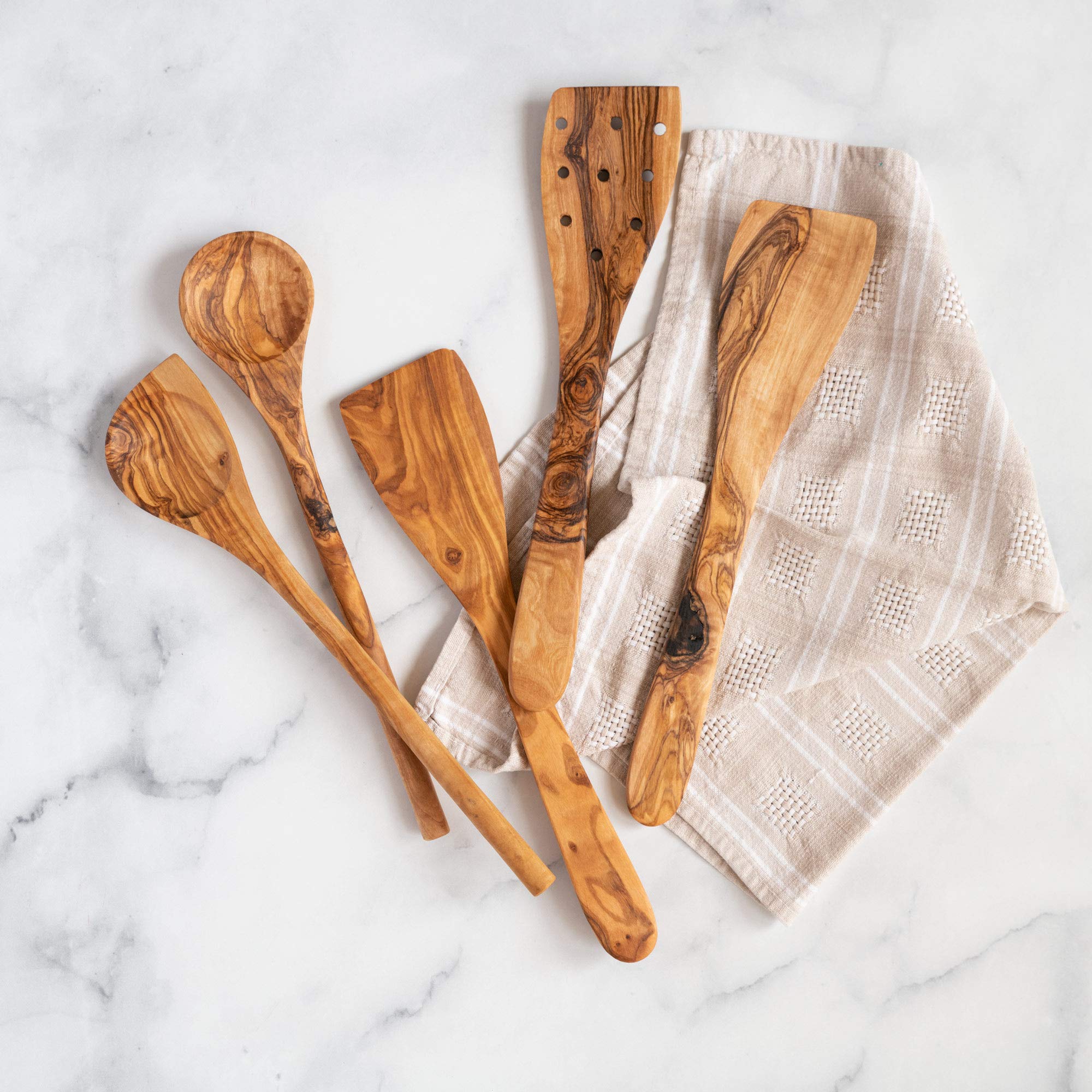 Tramanto 5-Piece Olive Wood Utensil Set - 12 Inch Wooden Spatula & Spoon Kitchen Tools, Handcrafted Rustic Cooking Accessories - Perfect for Home Chefs, Wedding Gifts & Farmhouse Style Kitchens