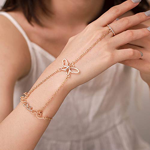 Boho Butterfly Finger Bracelet Ring - Crystal Hand Chain Jewelry for Women & Girls - Gold Beach Slave Bracelet - Perfect for Festivals, Parties, and Summer Outfits