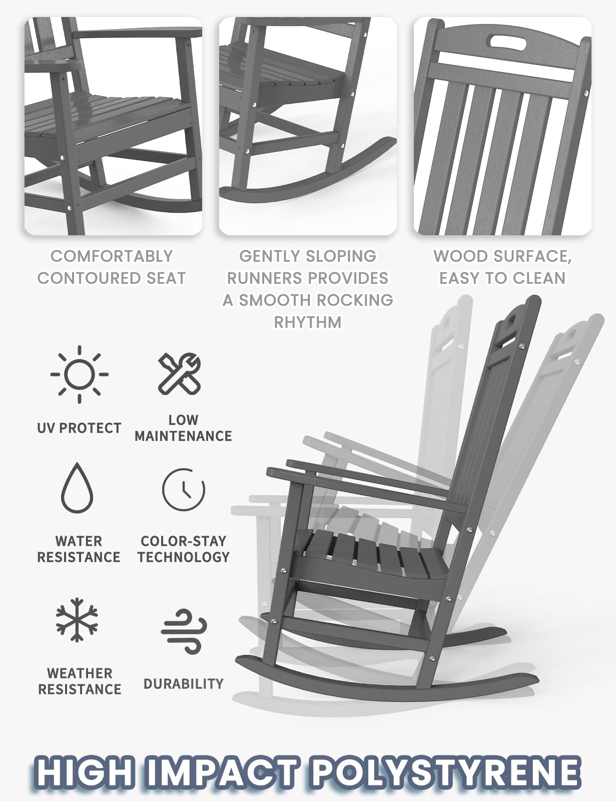 Premium HDPE Outdoor Rocking Chair - All-Weather High Back Patio Rocker for Deck, Porch, Garden & Indoor Use - Comfortable Lawn Chair for Backyard Relaxation (Slate Gray) - Perfect for Reading, Sunbathing & Enjoying Nature