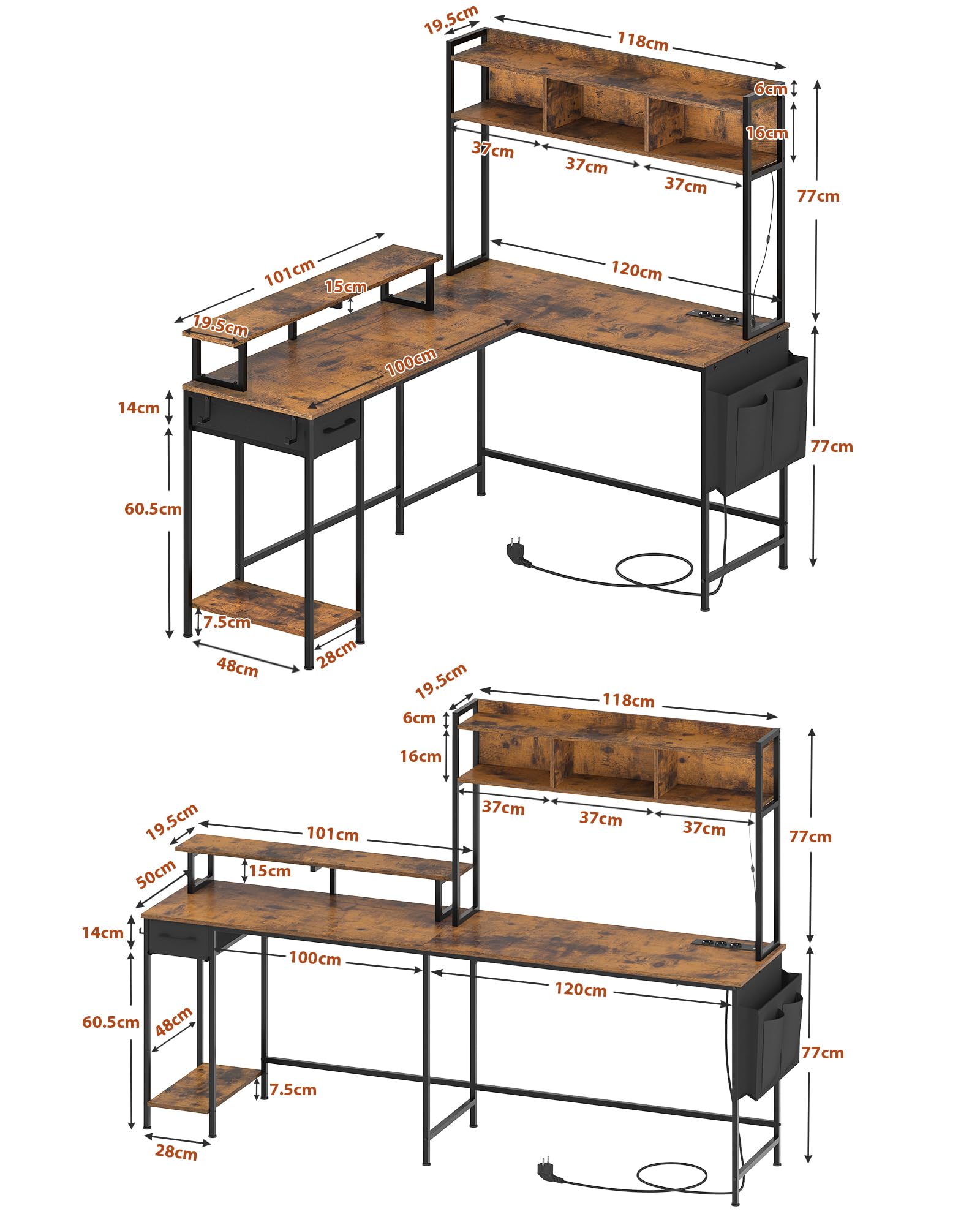 KIMENICH Reversible L-Shaped Corner Gaming Desk with LED Lights & Power Outlet - Home Office PC Workstation with Storage Drawers & Hooks (Brown) | Perfect for Small Spaces, Gaming Setups & Remote Work