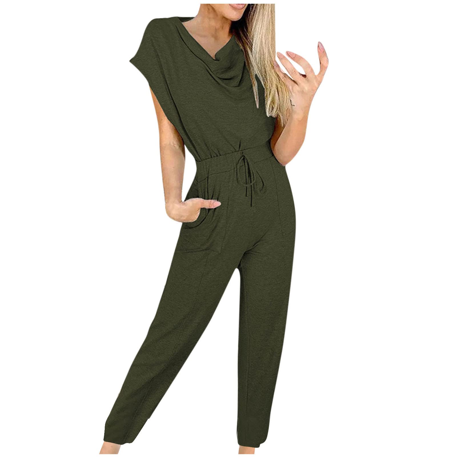 Women's Solid Color Sleeveless Jumpsuit Romper with Waist Lace & Pocket - Casual Straight Leg Pants for Summer Outings, Beach Vacations and Daily Wear