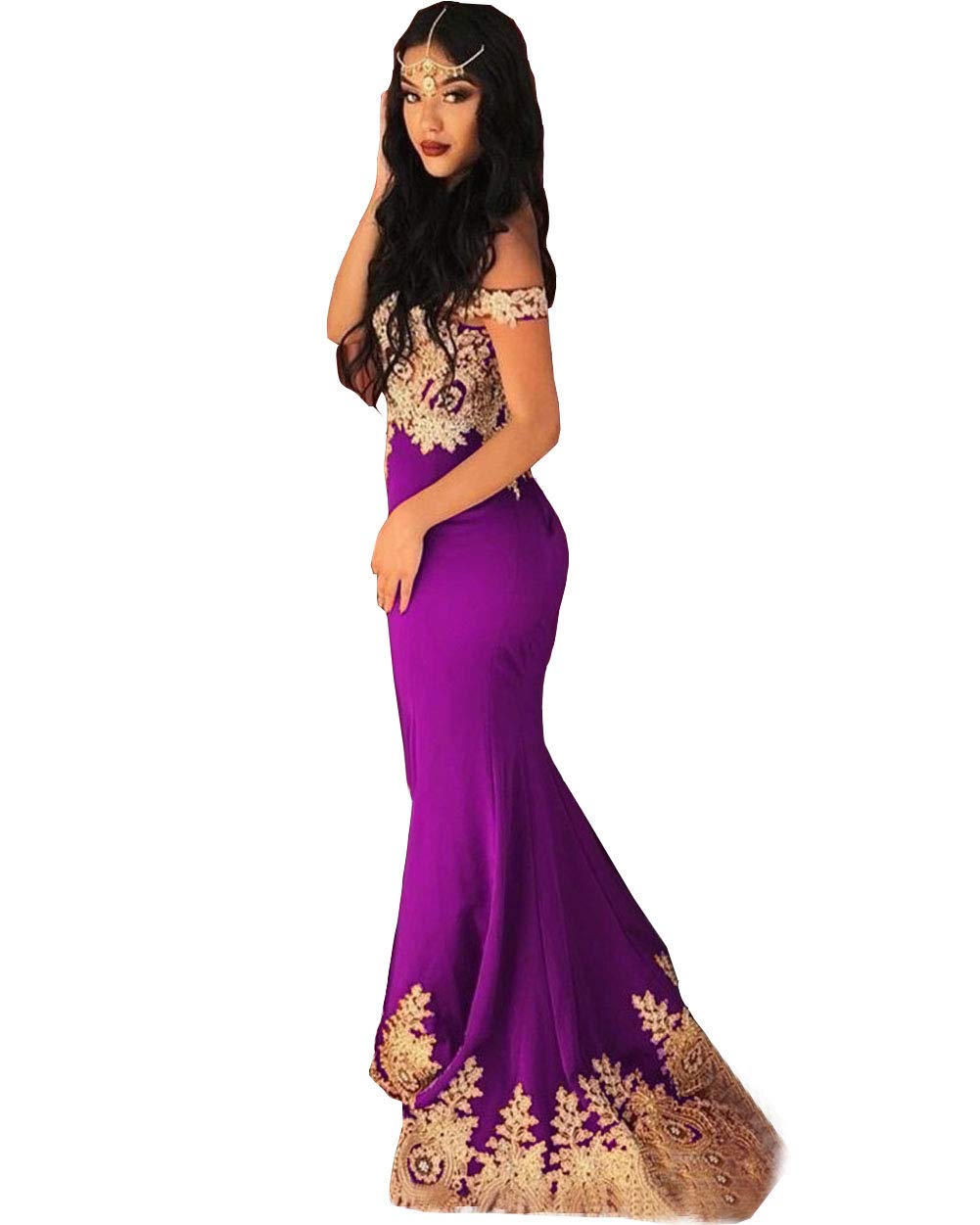 Emanni Women's Gold Lace Applique Mermaid Prom Dress - Off Shoulder Formal Evening Gown for Homecoming, Wedding Guest & Black Tie Events