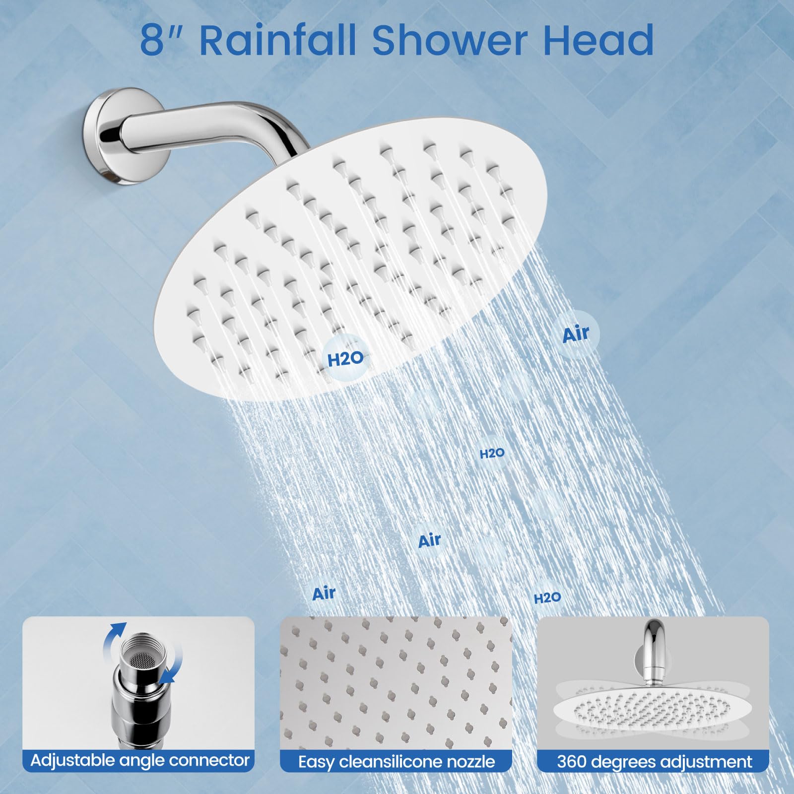Airuida 2-Function Wall Mounted Shower Faucet Set - High Pressure Brass Handheld Shower with Rough-in Valve & 8 Inch Rainfall Round Shower Head in Chrome Polish for Bathroom | Perfect for Modern Home Spa Experience and Water-Saving Shower Upgrade