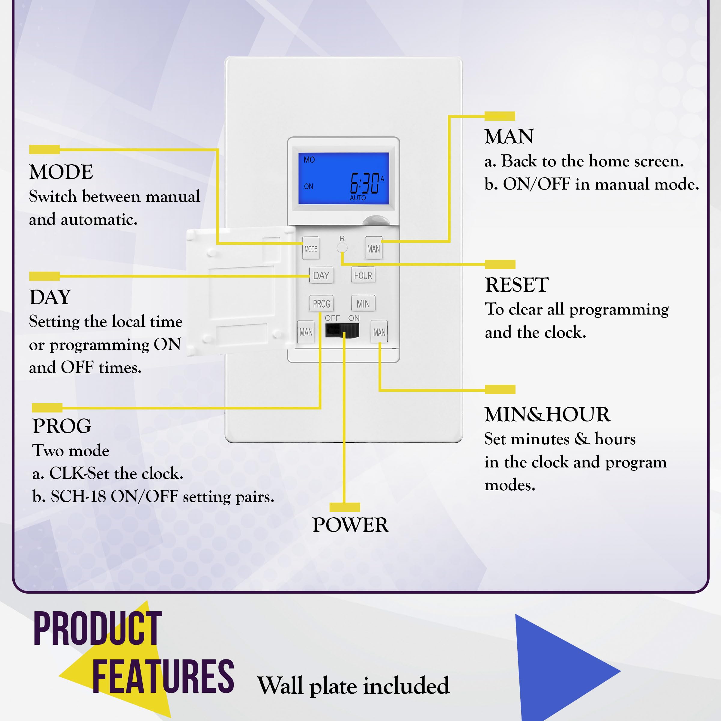 Enerlites 7-Day Digital Programmable Timer Switch for Lights, Fans & Motors - Single Pole, Neutral Wire Required, 18 ON/Off Settings with Blue Backlight - HET01 White (4-Pack) - Perfect for Home Automation, Energy Savings & Vacation Lighting Control