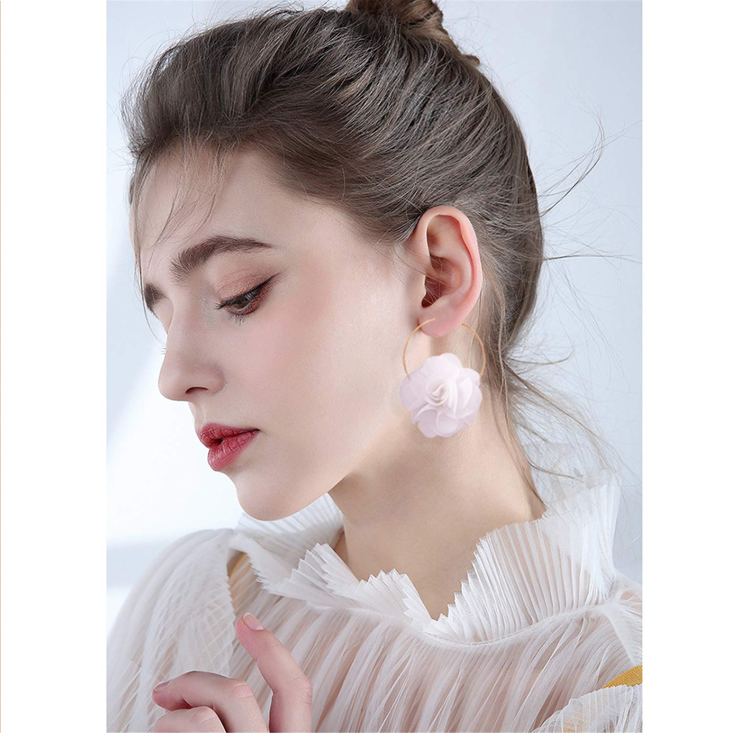 Lightweight Bohemian Big Fabric Flowers Dangle Drop Earrings - Handmade Floral Petal Hoop Earrings with Chiffon Tassel for Women | Perfect for Vacation, Wedding & Boho Fashion (White)