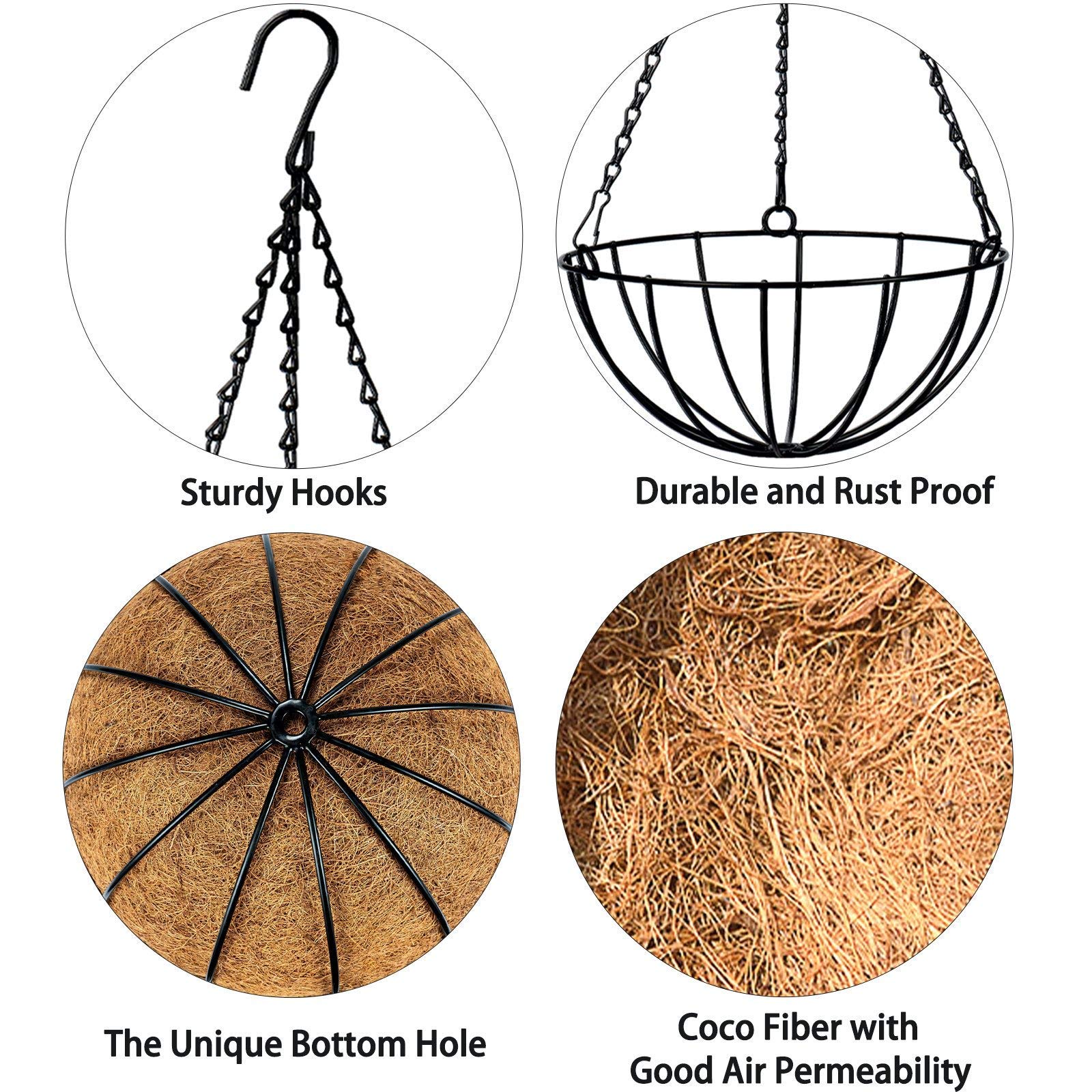 Kingbuy 12 Inch Metal Hanging Basket with Coconut Liner - Wire Planter for Indoor/Outdoor Plants, Flowers & Herbs - Perfect for Patio, Garden, Balcony & Home Decor