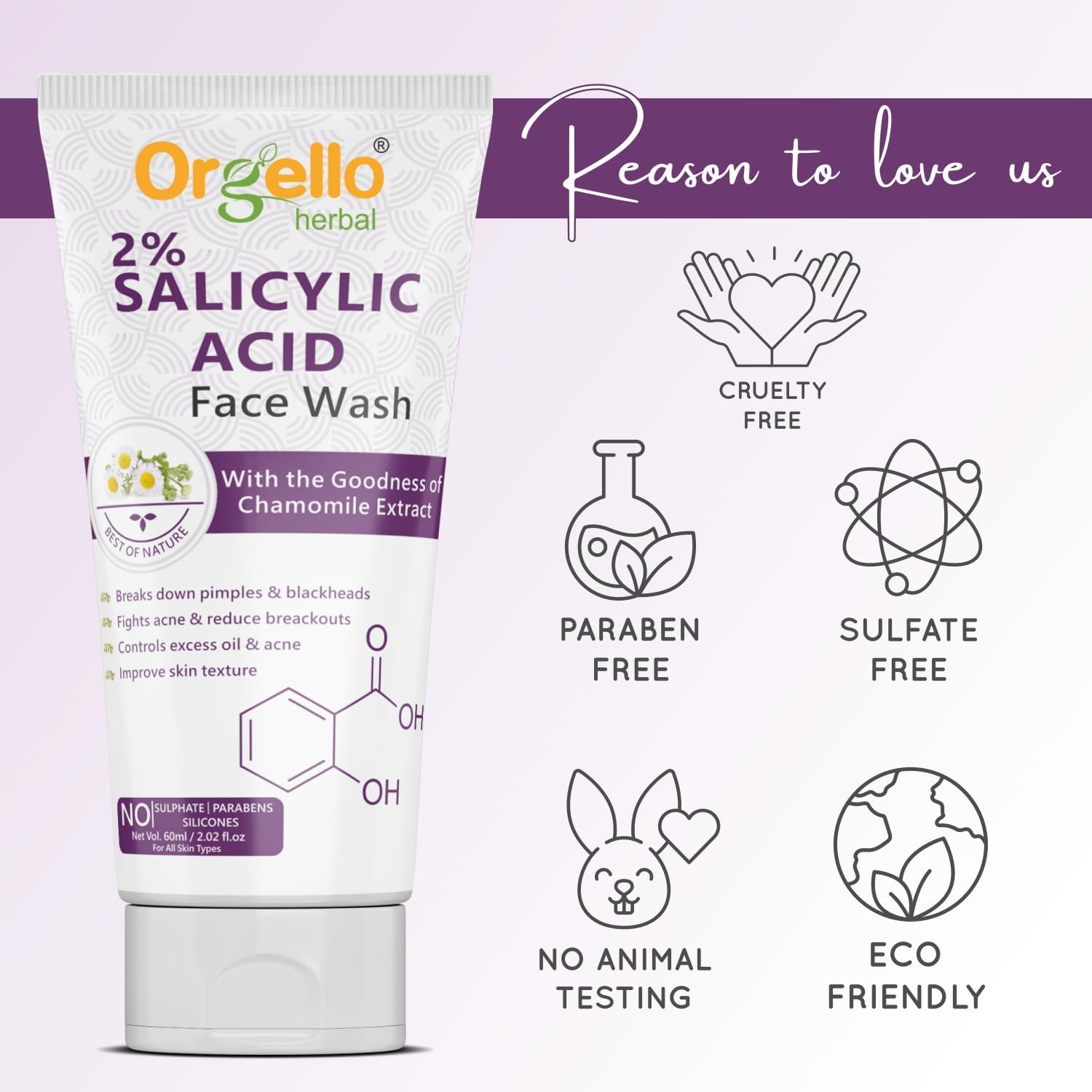 2% Salicylic Acid Face Wash for Acne & Pimples - Oil-Free, Herbal Formula (60ml) | Gentle Cleanser for Oily & Acne-Prone Skin | Daily Use for Clear, Healthy Skin