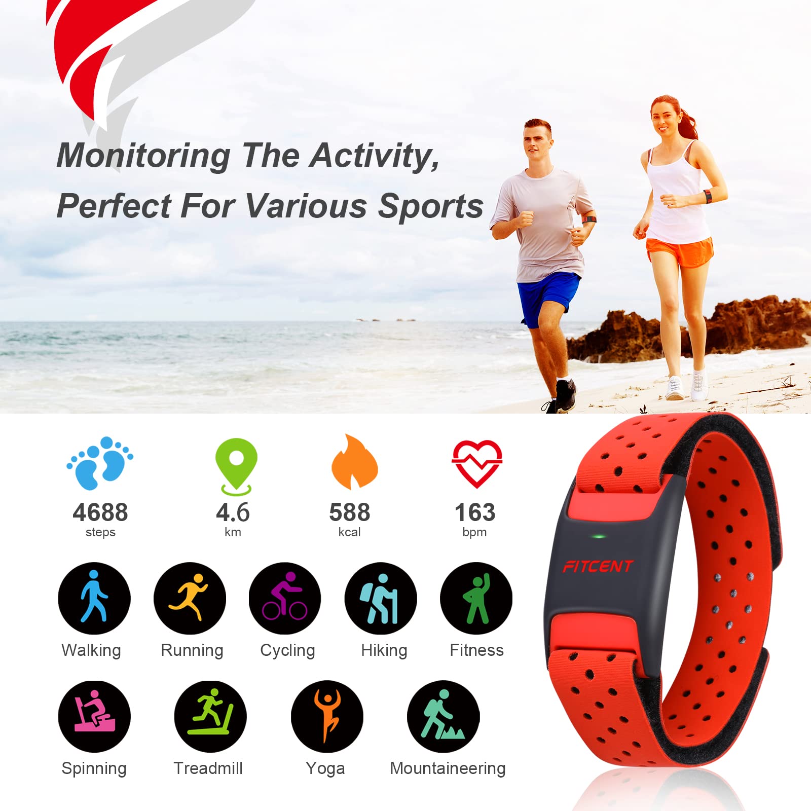 FITCENT Bluetooth ANT+ Heart Rate Monitor Armband - Rechargeable Optical HR Sensor for Peloton, Strava, Zwift, Polar Beat, Wahoo Fitness - Ideal for Running, Cycling, Yoga & Gym Workouts (Red)