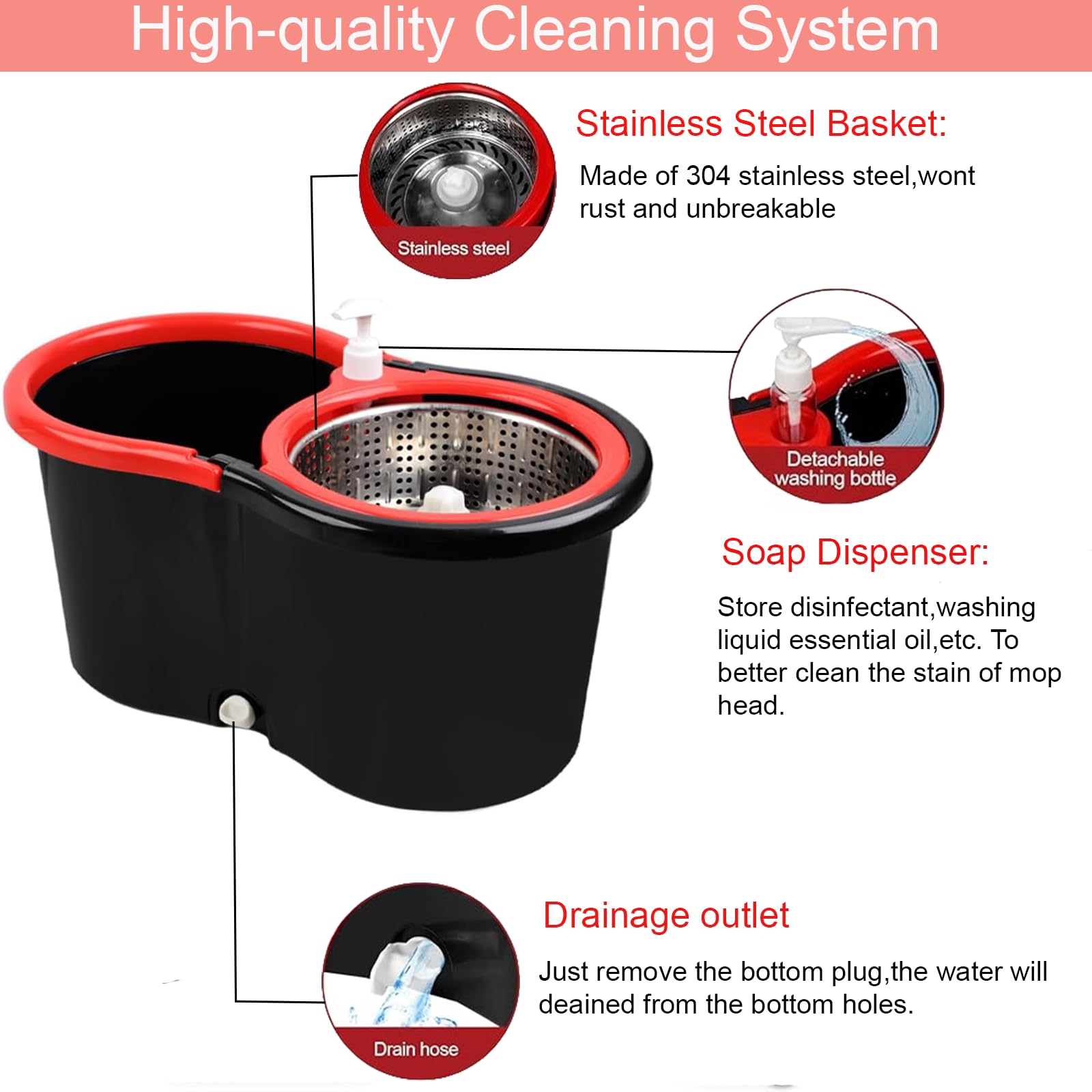 360° Spin Mop and Bucket Set with Wringer - 3 Microfiber Mop Refill Heads & 61