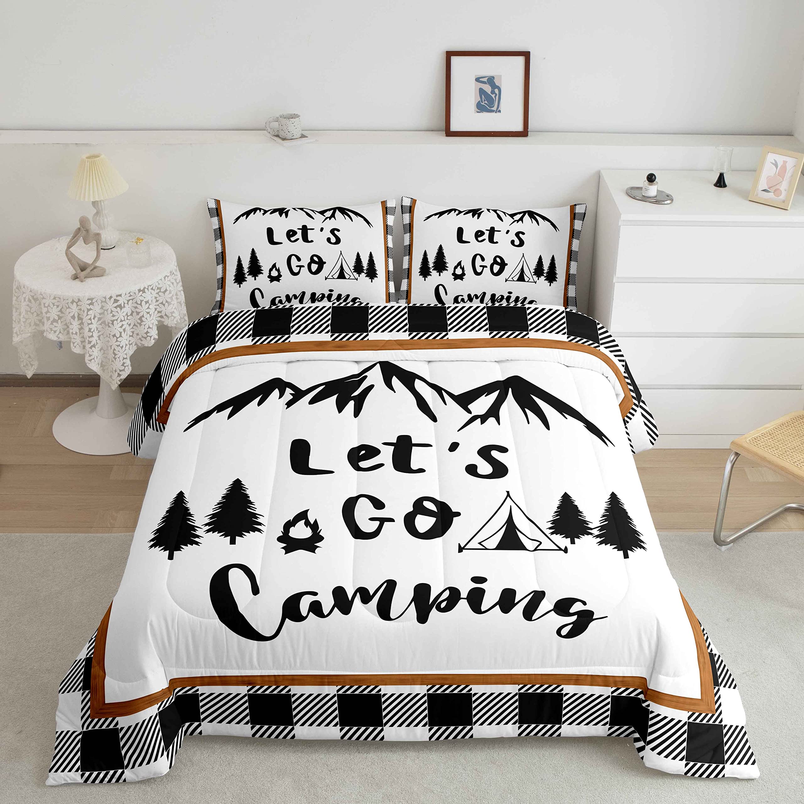 Feelyou Happy Camping Bedding Set - Queen Size 3-Piece Camper Comforter Set for Kids, Boys & Teens | Sketch Pine Tree Mountain Nature Design in White & Black Geometric Patterns | Perfect for Camping Trips, Dorm Rooms & Adventure-Themed Bedrooms