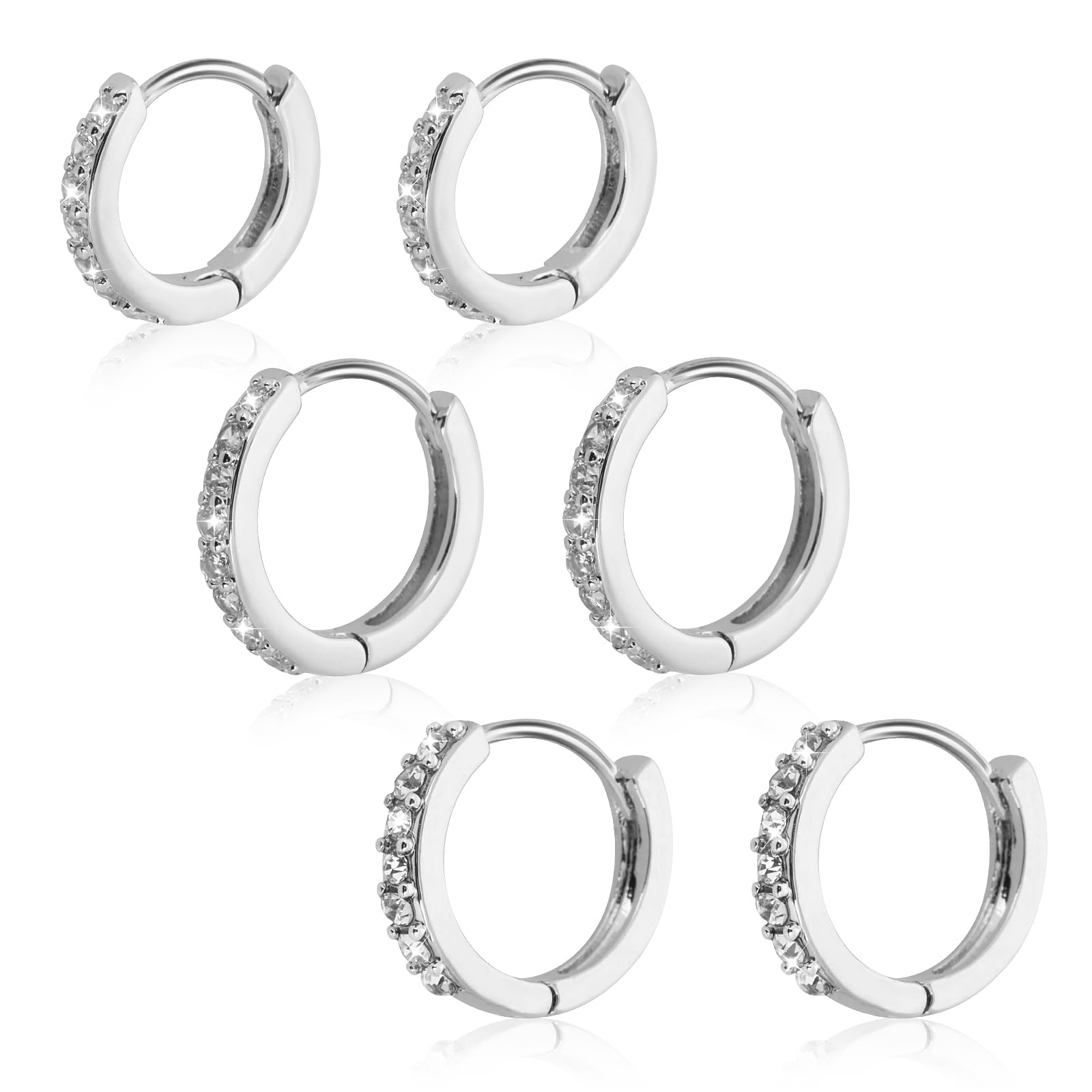 Lusofie 3 Pairs Small Silver Hoop Earrings with Rhinestones - 8mm 10mm 12mm Sterling Silver Hoops for Women, Girls & Men - Perfect for Everyday Wear, Parties & Gifts