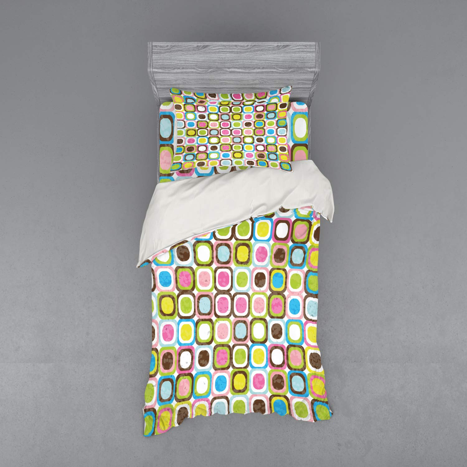 Ambesonne Retro 3-Piece Bedding Set - Abstract Grunge Geometric Cubes & Inner Circles Duvet Cover with Sham & Fitted Sheet, Twin XL Size, Multicolor - Perfect for Teen Rooms, Dorm Decor & Vintage Style Bedrooms