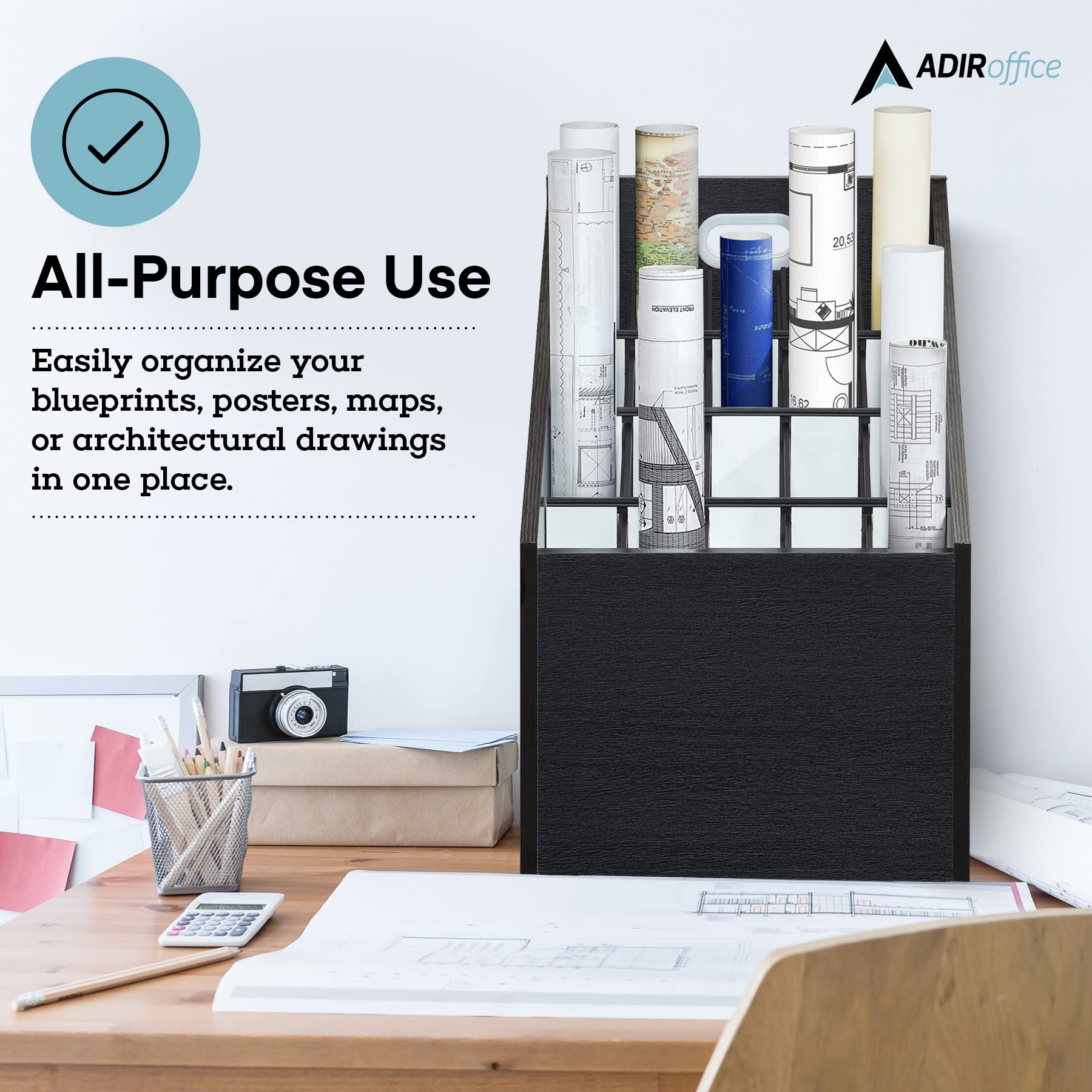 Adir Wooden Blueprint Storage Organizer Cart - Black Plan & Blueprint Holder, Poster & Map Storage Cabinet for Architects, Engineers & Construction Professionals - Perfect for Office, Studio & Job Site Organization